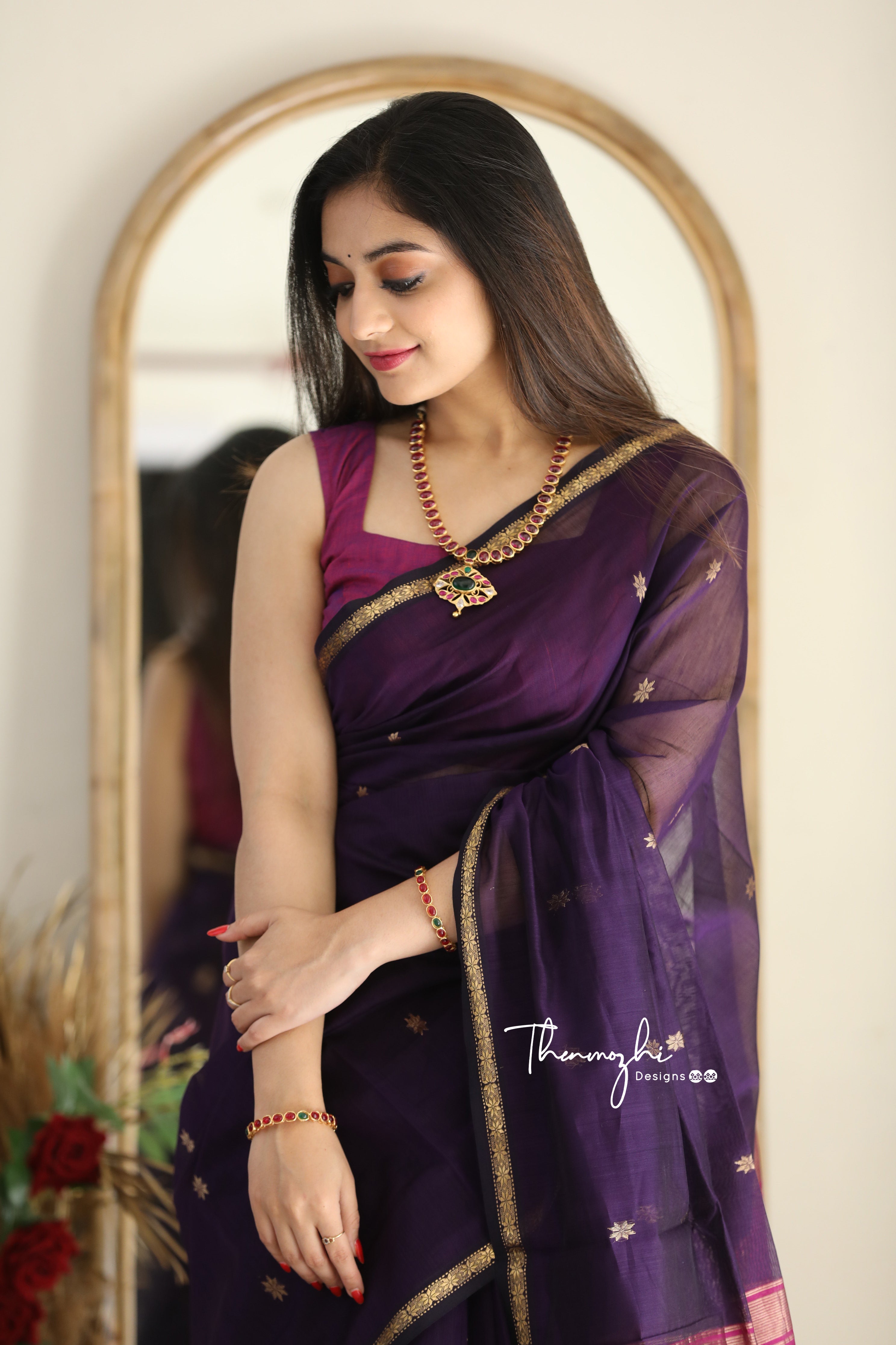 Ethnic Purple Maheshwari Silk Cotton Handloom Saree