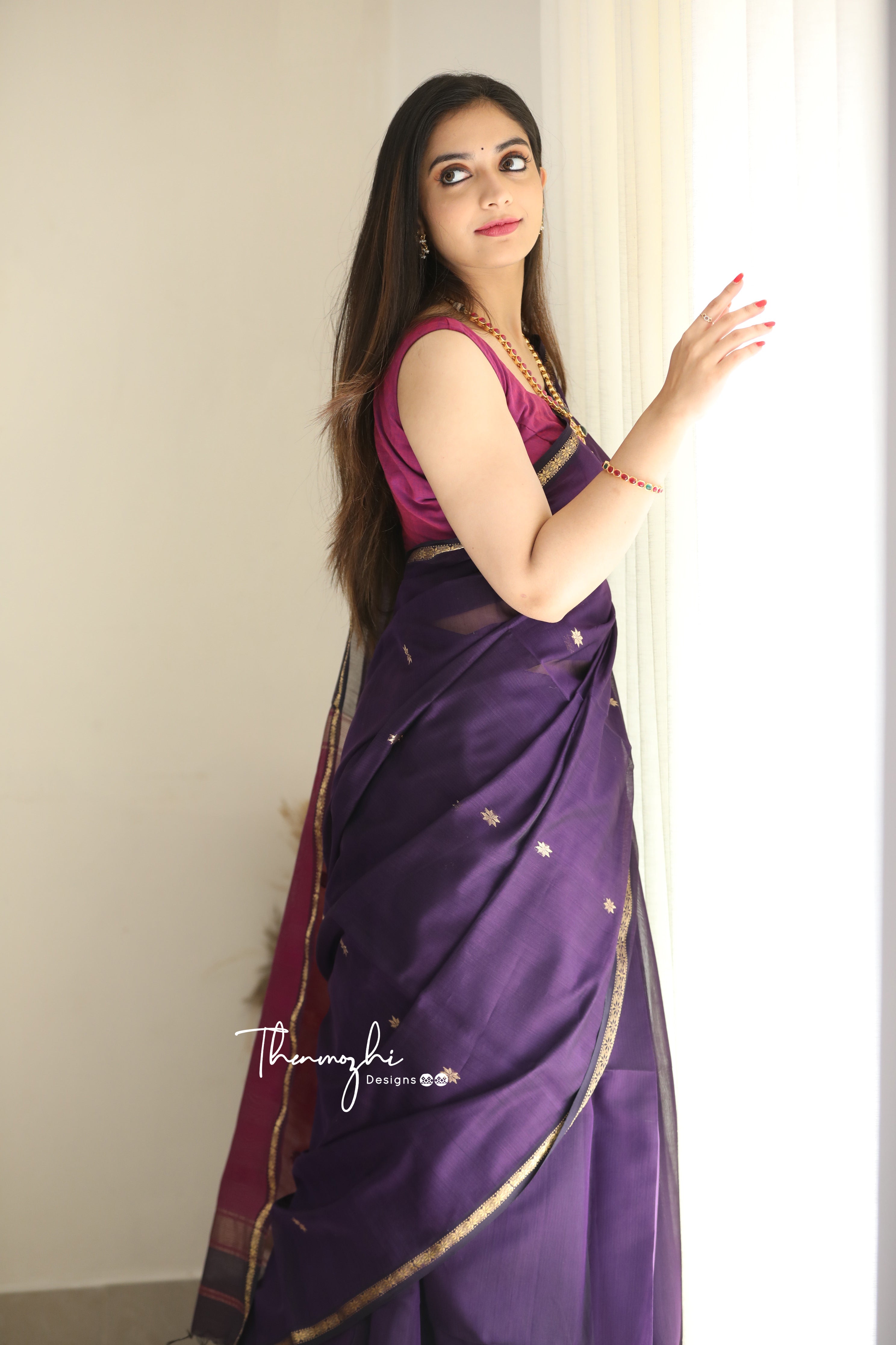 Ethnic Purple Maheshwari Silk Cotton Handloom Saree
