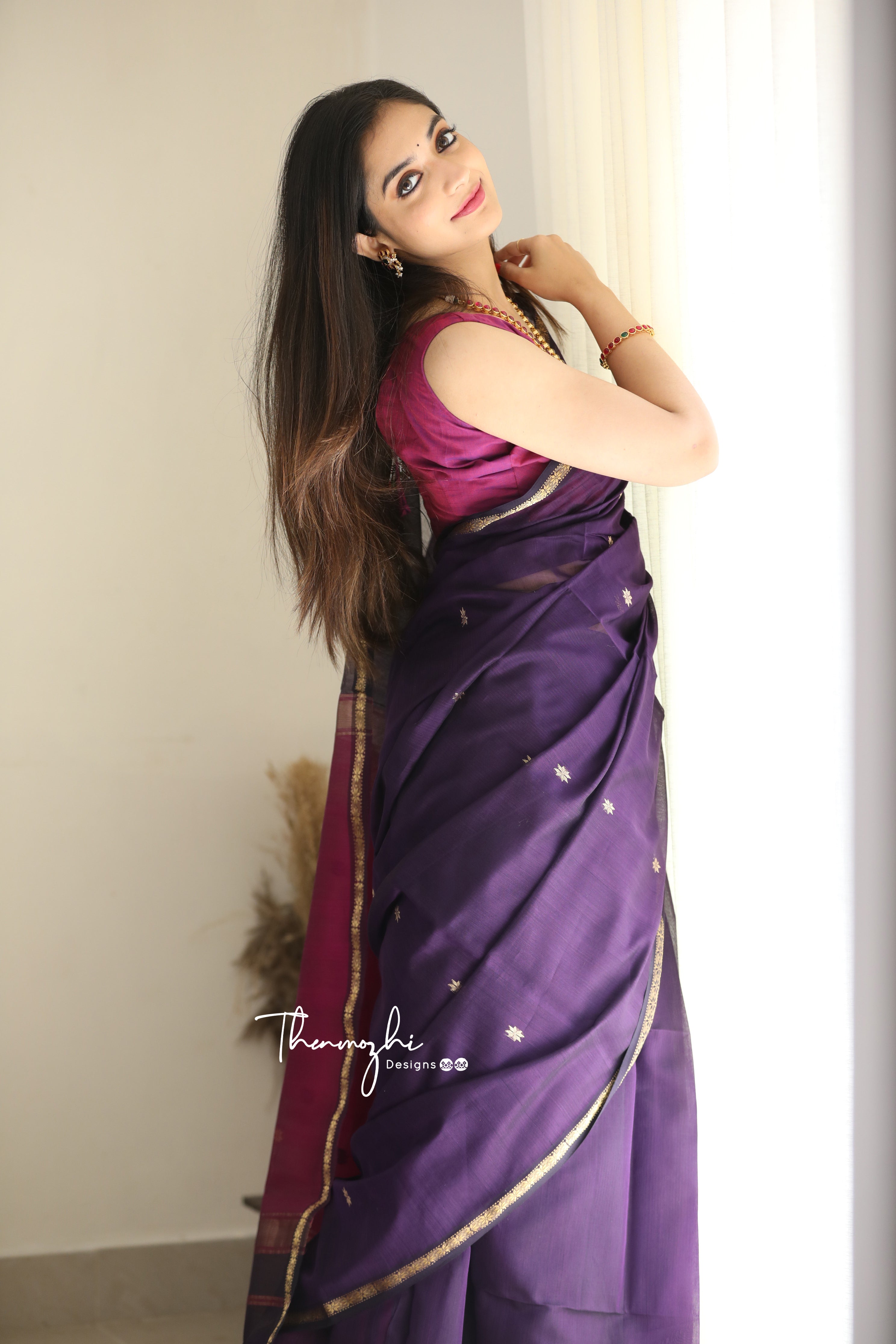 Ethnic Purple Maheshwari Silk Cotton Handloom Saree