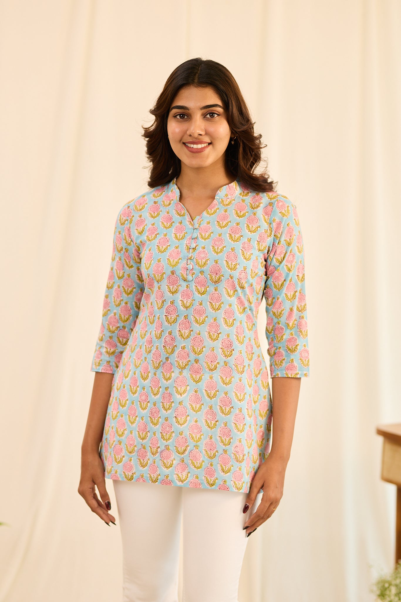 Pastel Blue with Pink Floral Printed Cotton Short Kurti