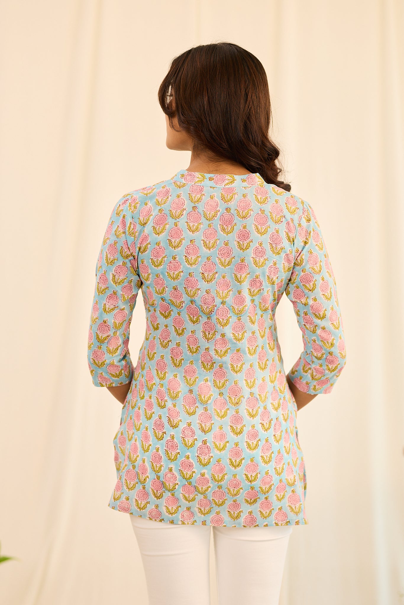 Pastel Blue with Pink Floral Printed Cotton Short Kurti