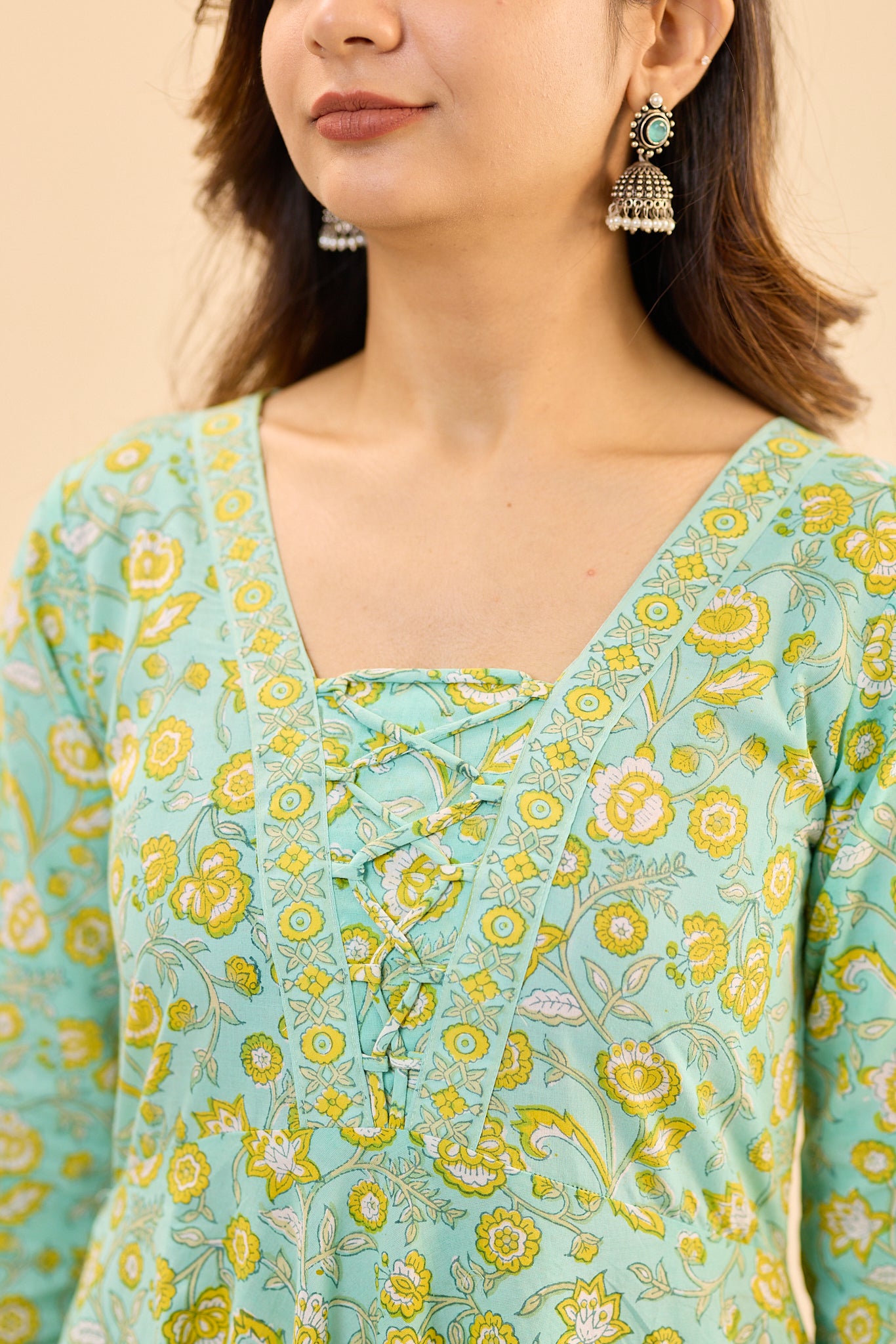 Pastel Mint with Yellow Floral Block Printed Anarkali Cotton Salwar Suit Set with Kota Dupatta