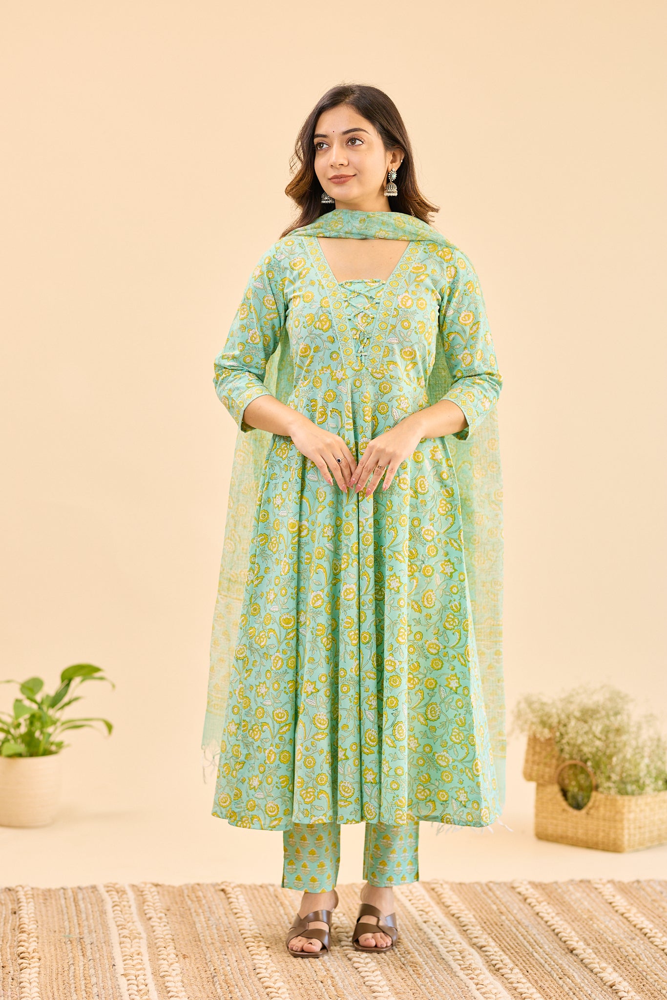 Pastel Mint with Yellow Floral Block Printed Anarkali Cotton Salwar Suit Set with Kota Dupatta