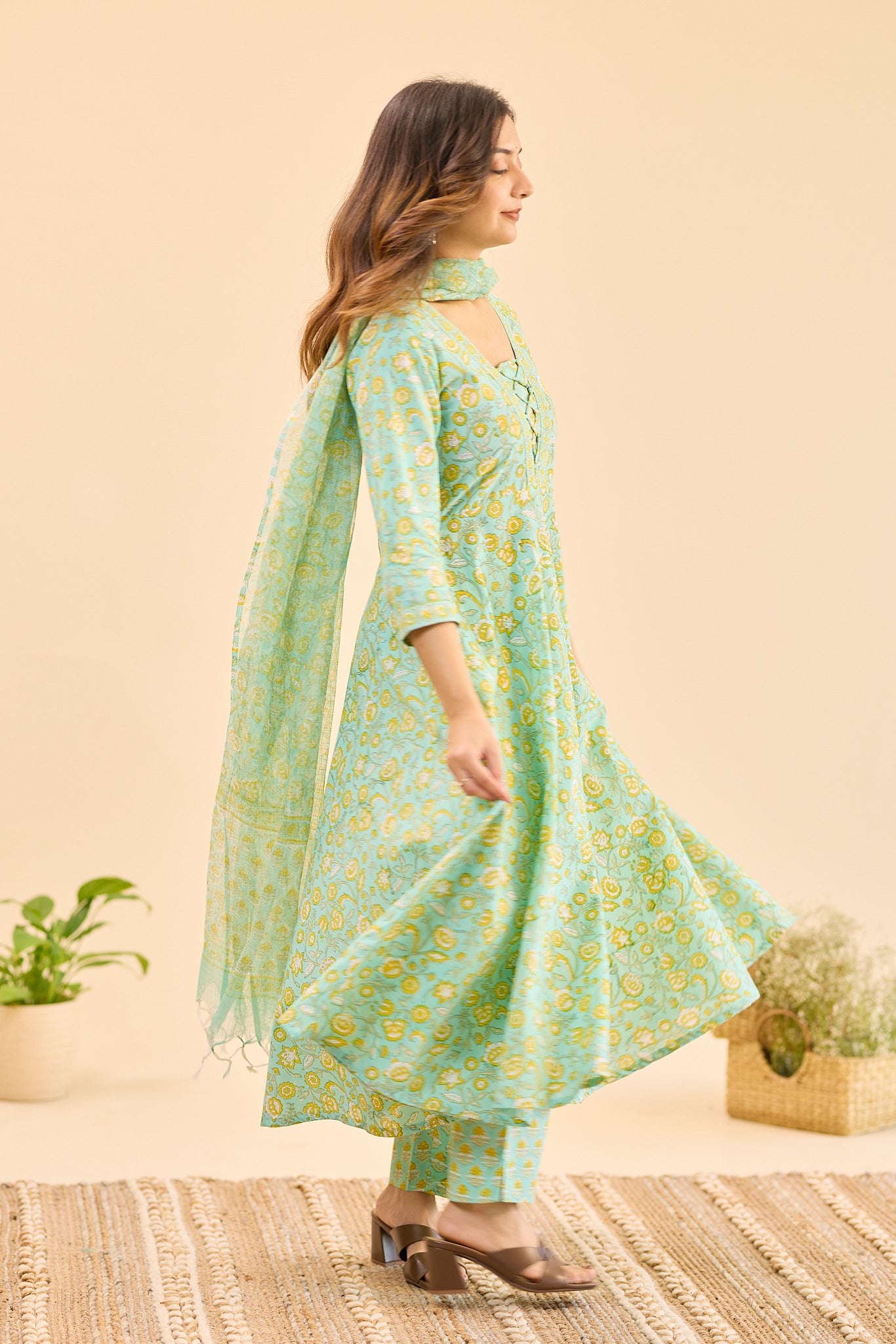 Pastel Mint with Yellow Floral Block Printed Anarkali Cotton Salwar Suit Set with Kota Dupatta