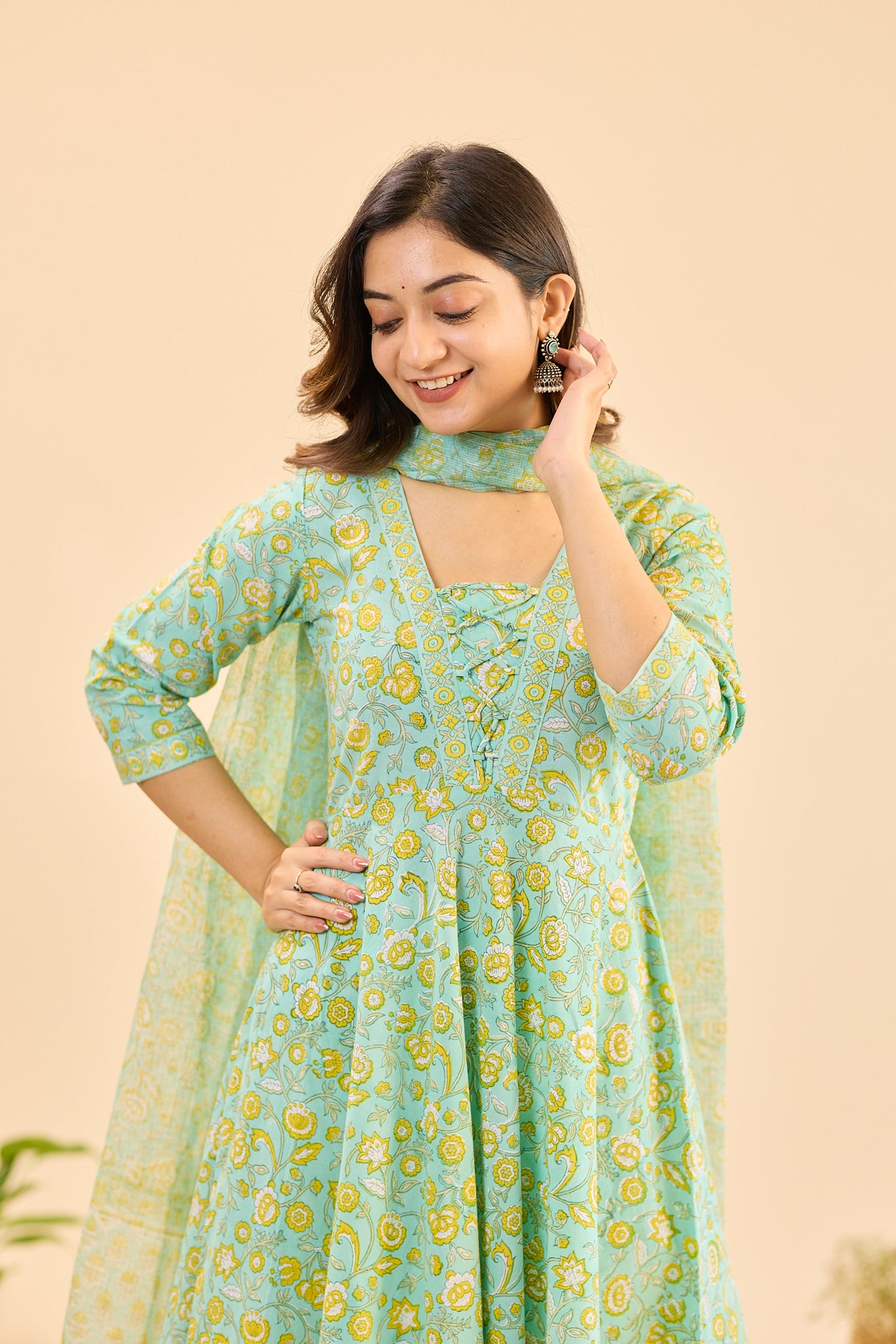 Pastel Mint with Yellow Floral Block Printed Anarkali Cotton Salwar Suit Set with Kota Dupatta