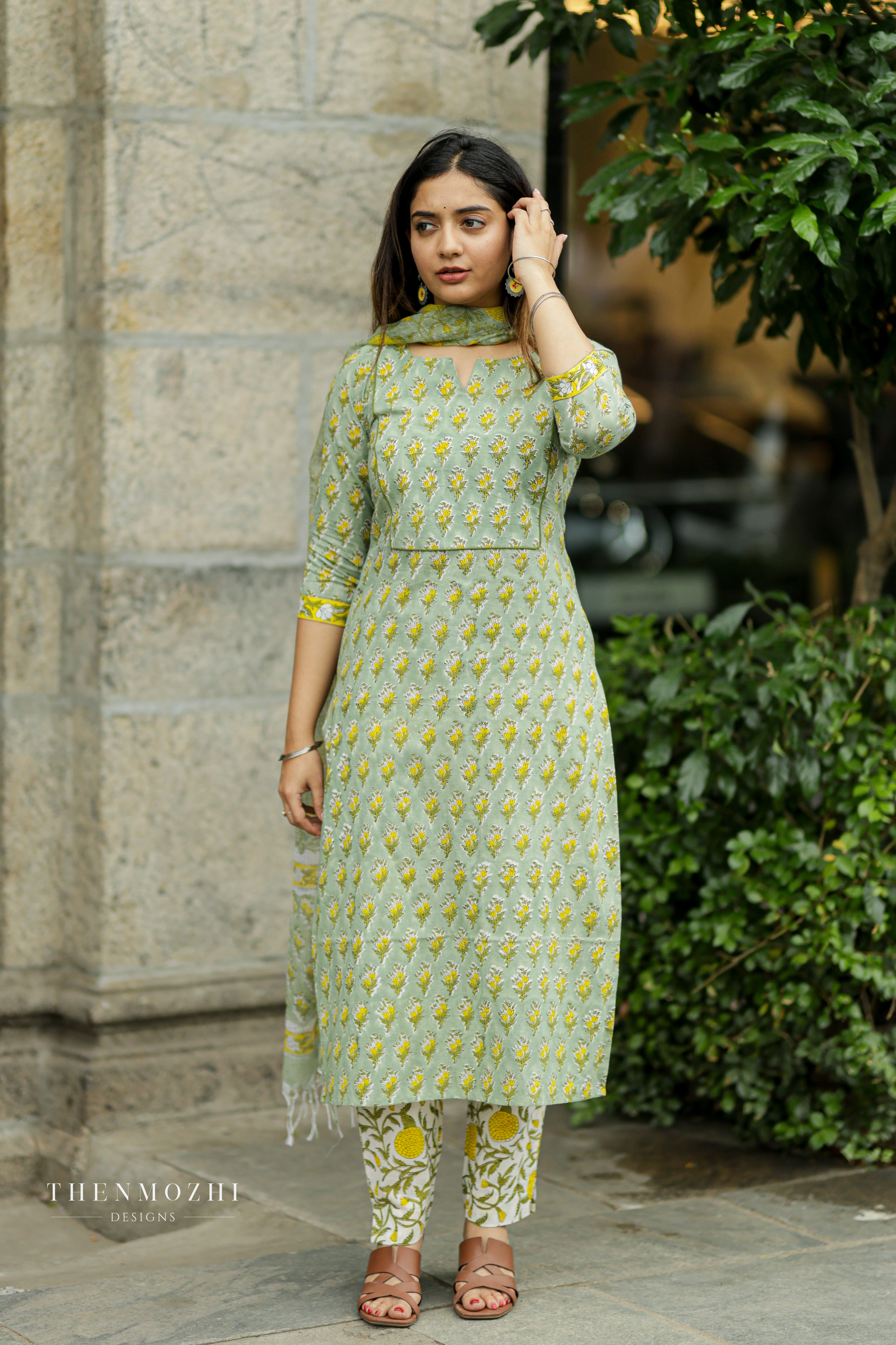 Pastel Pistachio Green Floral Block Printed suit set
