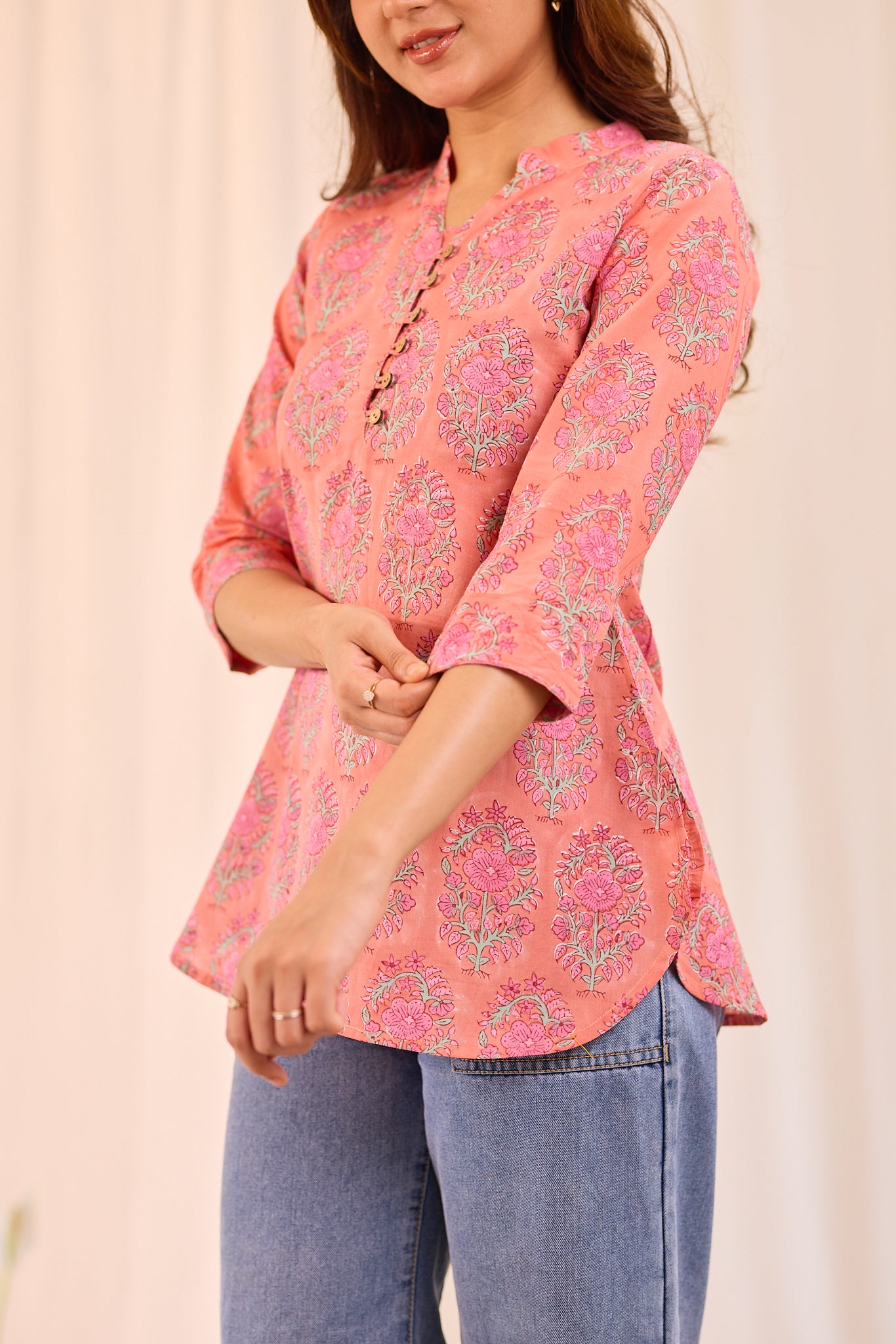 Peachy Pink Petal Printed Cotton Short Kurti