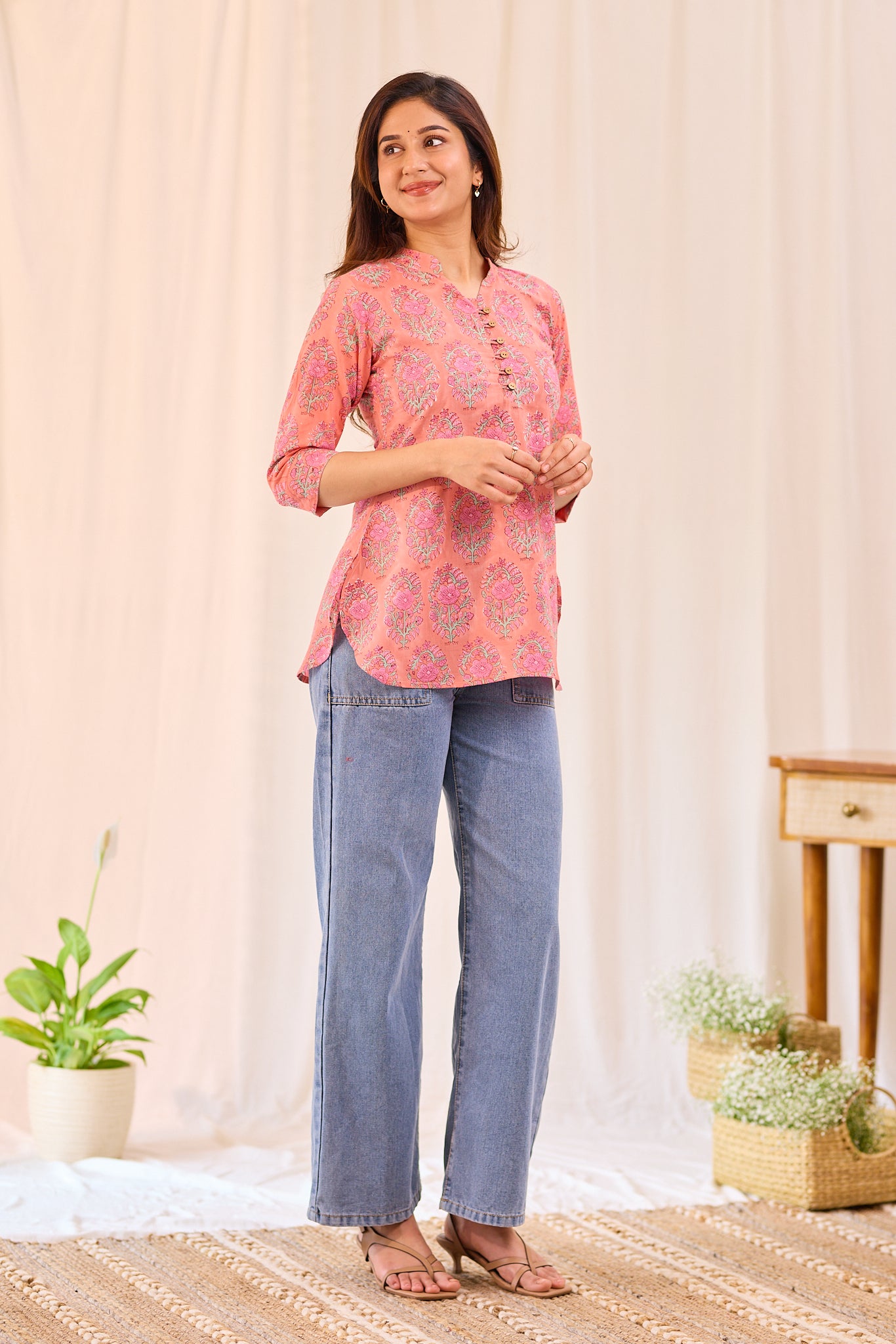 Peachy Pink Petal Printed Cotton Short Kurti