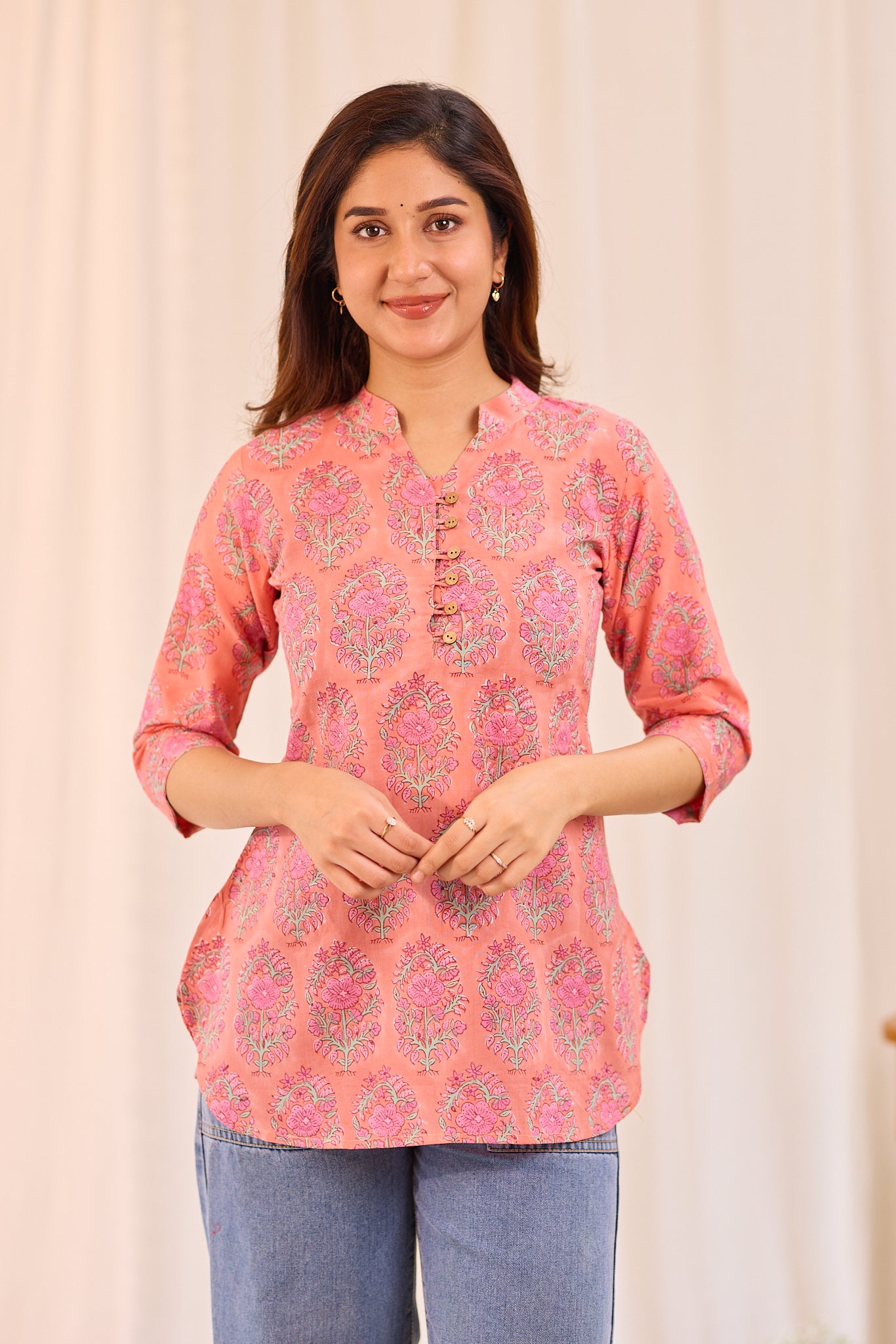 Peachy Pink Petal Printed Cotton Short Kurti