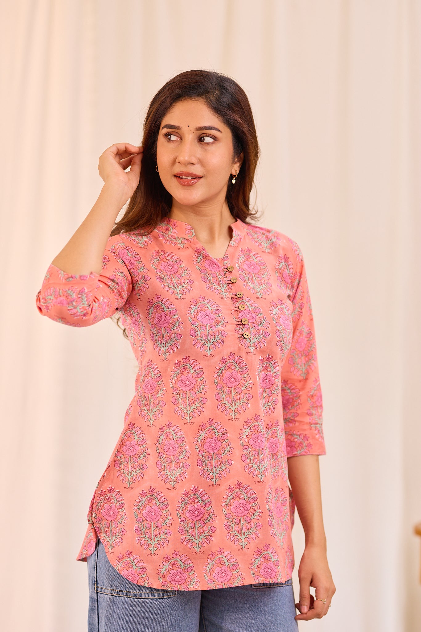 Peachy Pink Petal Printed Cotton Short Kurti