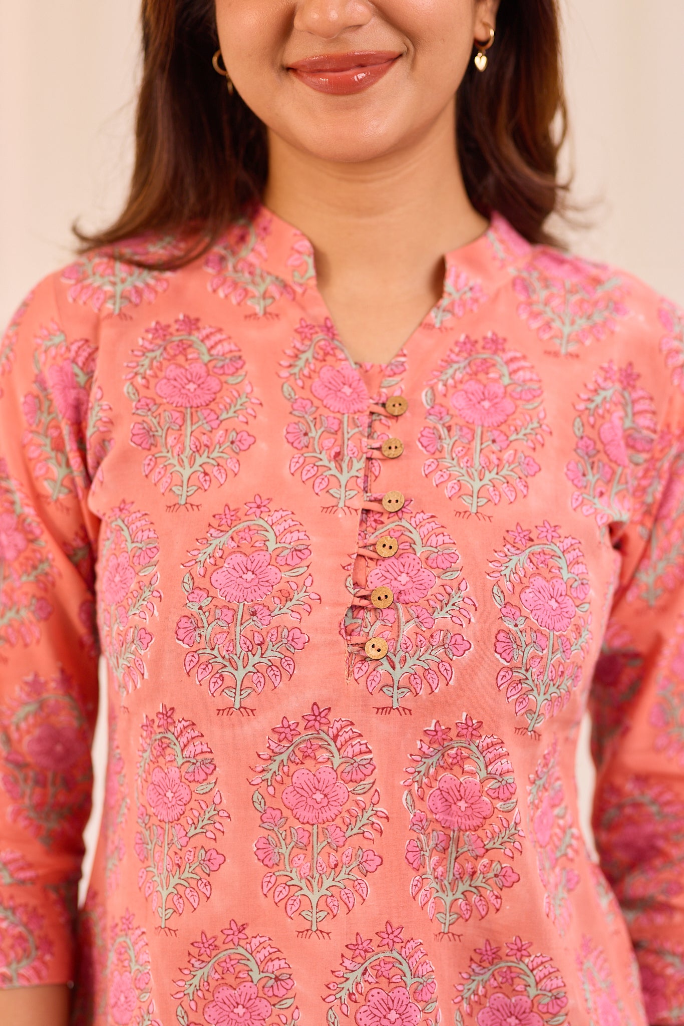 Peachy Pink Petal Printed Cotton Short Kurti