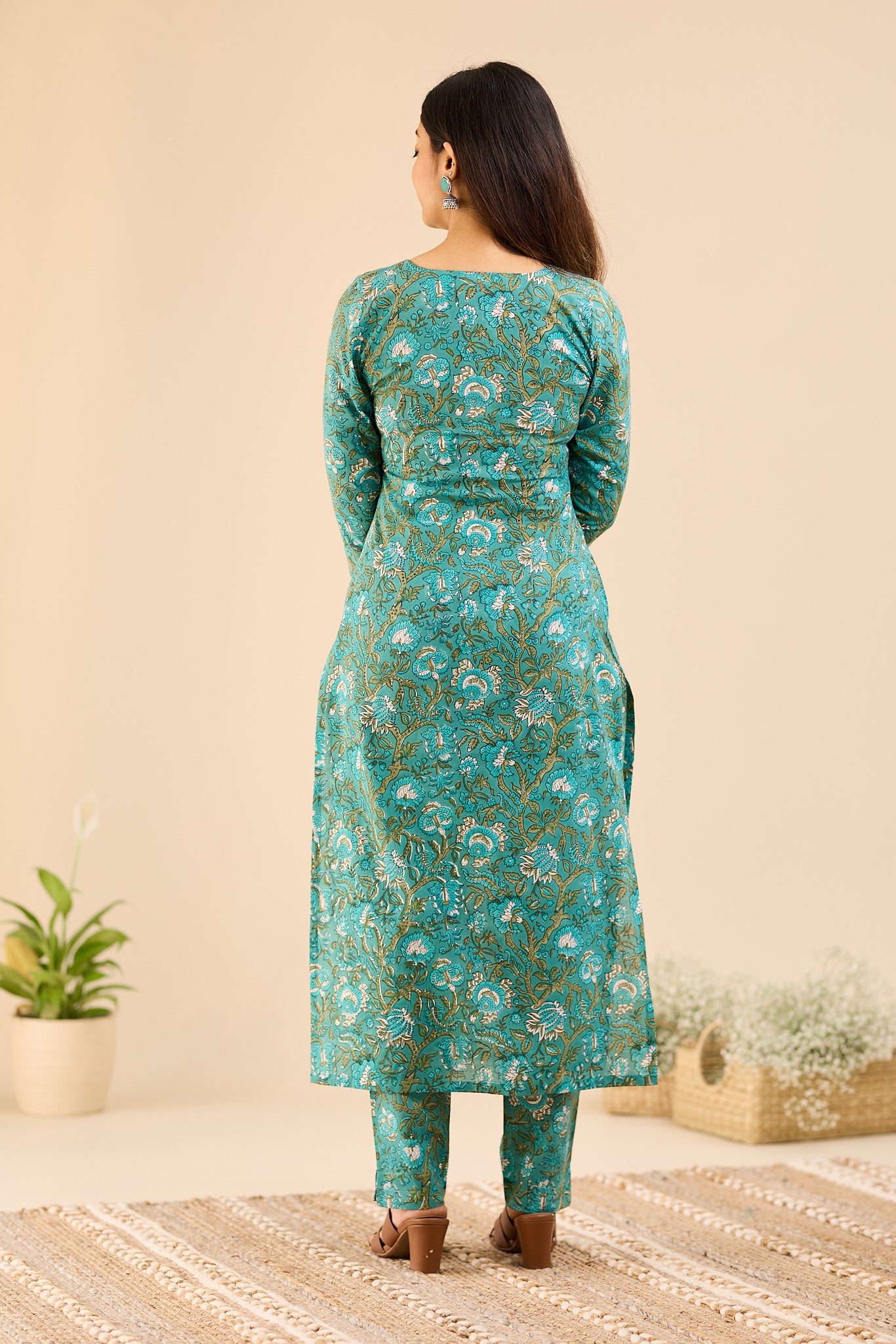 Peacock Teal Floral Cotton Suit -Set with Kota Dupatta