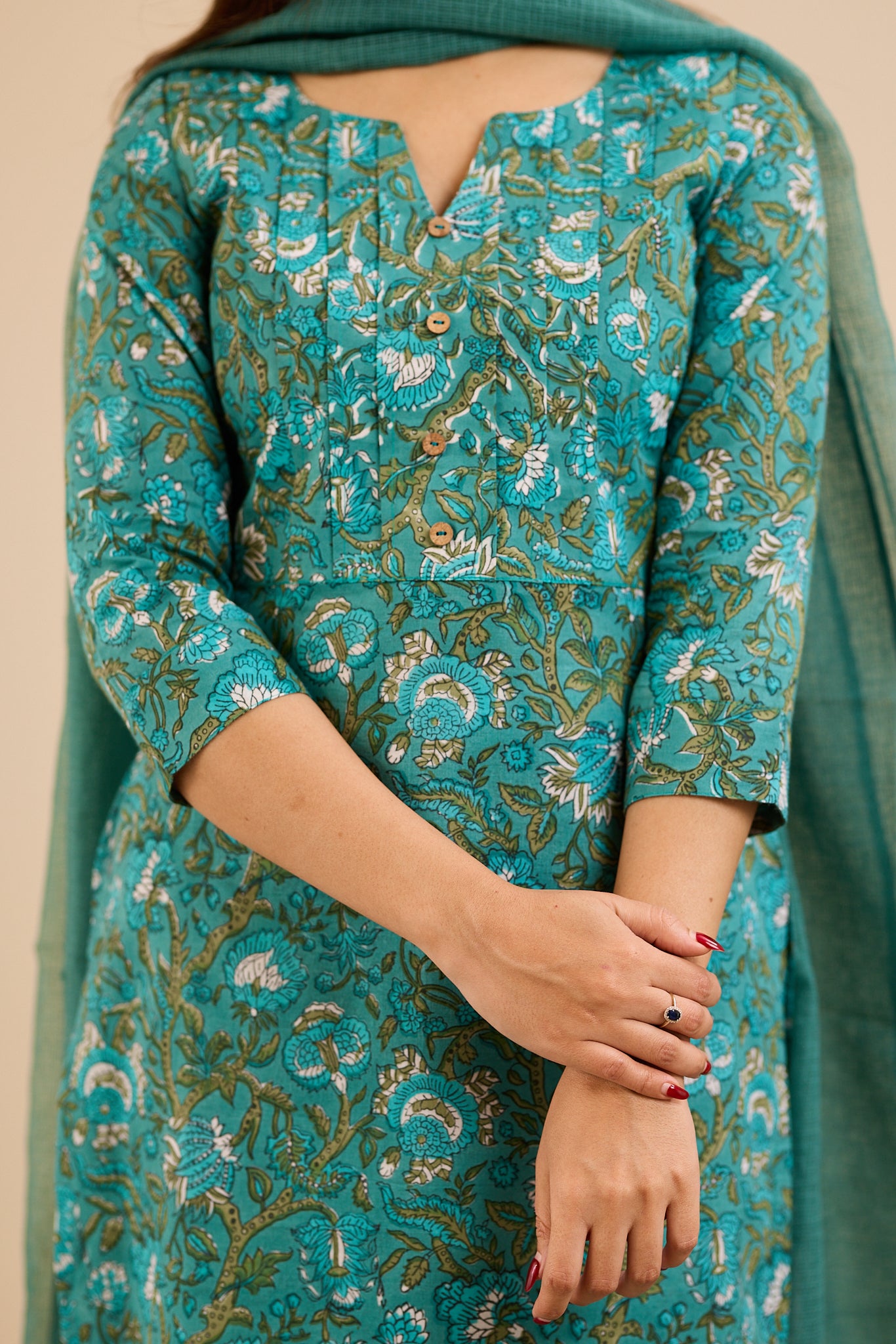 Peacock Teal Floral Cotton Suit -Set with Kota Dupatta