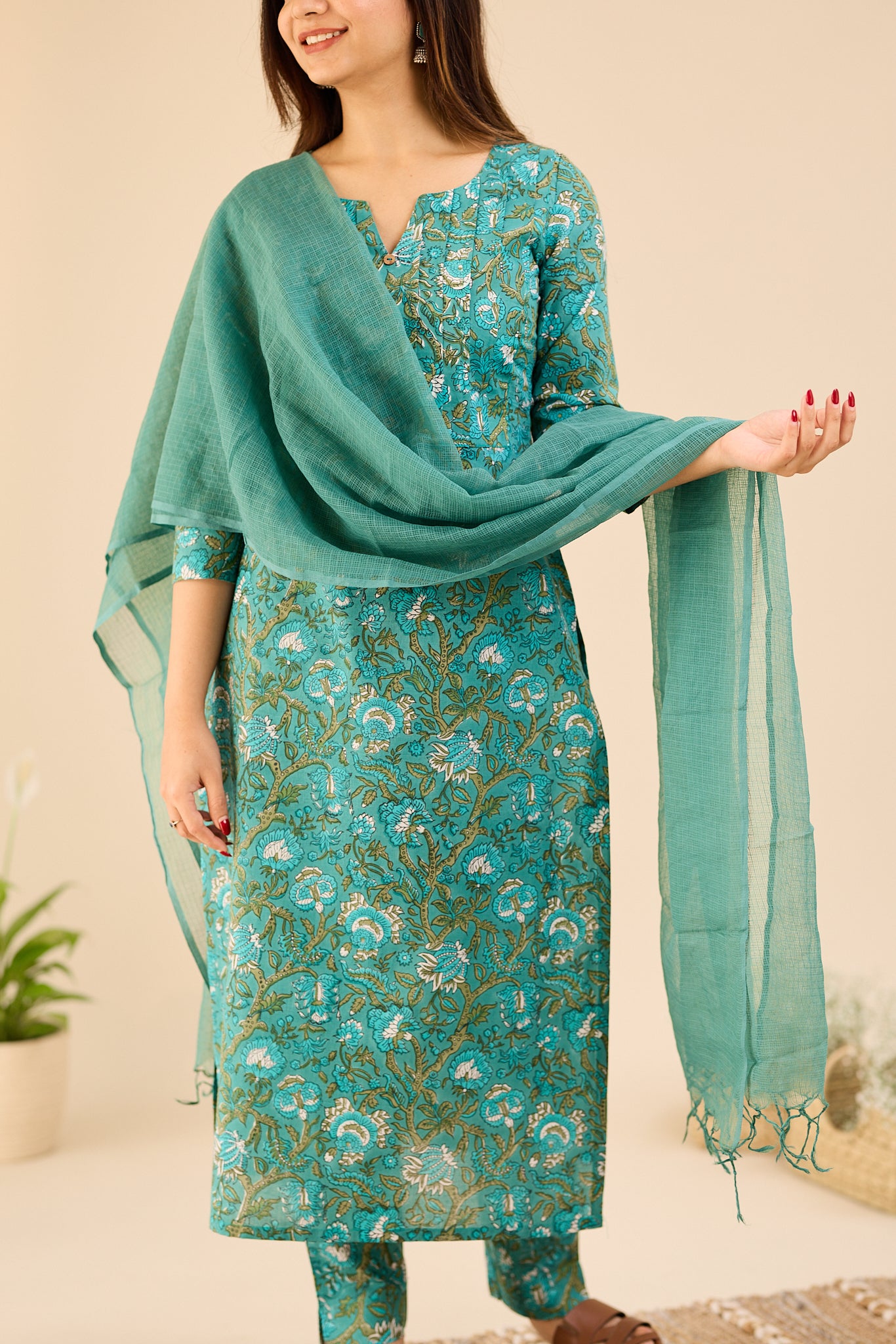 Peacock Teal Floral Cotton Suit -Set with Kota Dupatta