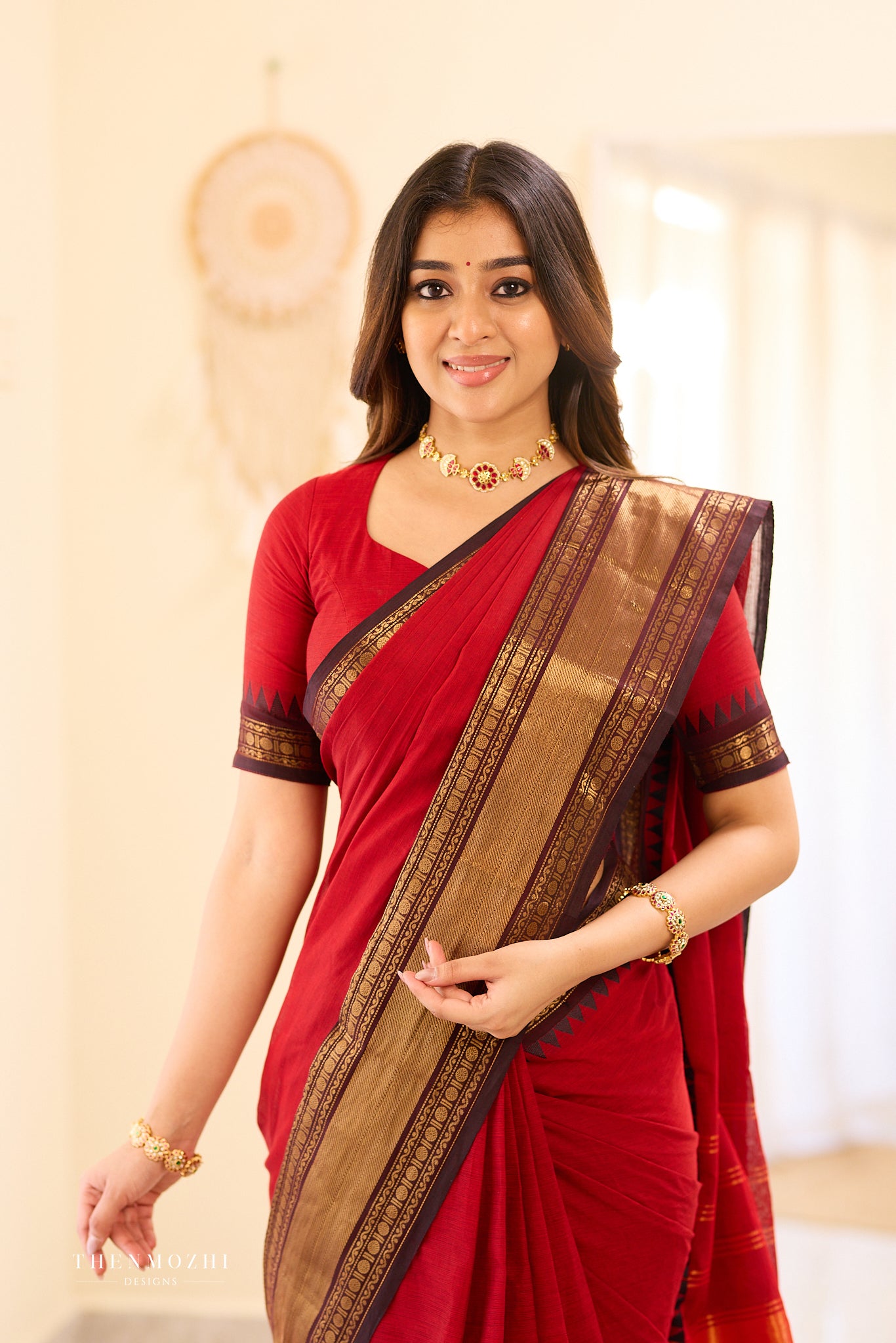 Red with Black Border Chettinad Cotton Saree