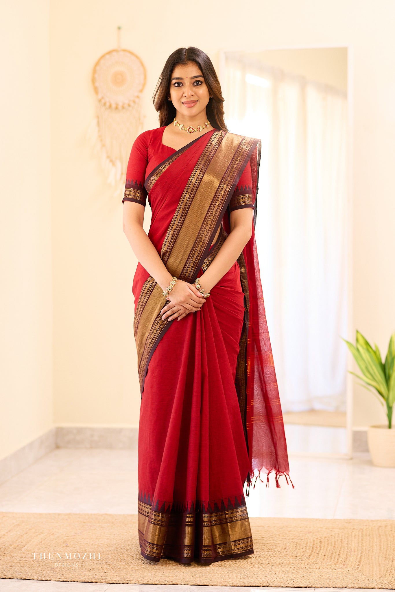 Red with Black Border Chettinad Cotton Saree