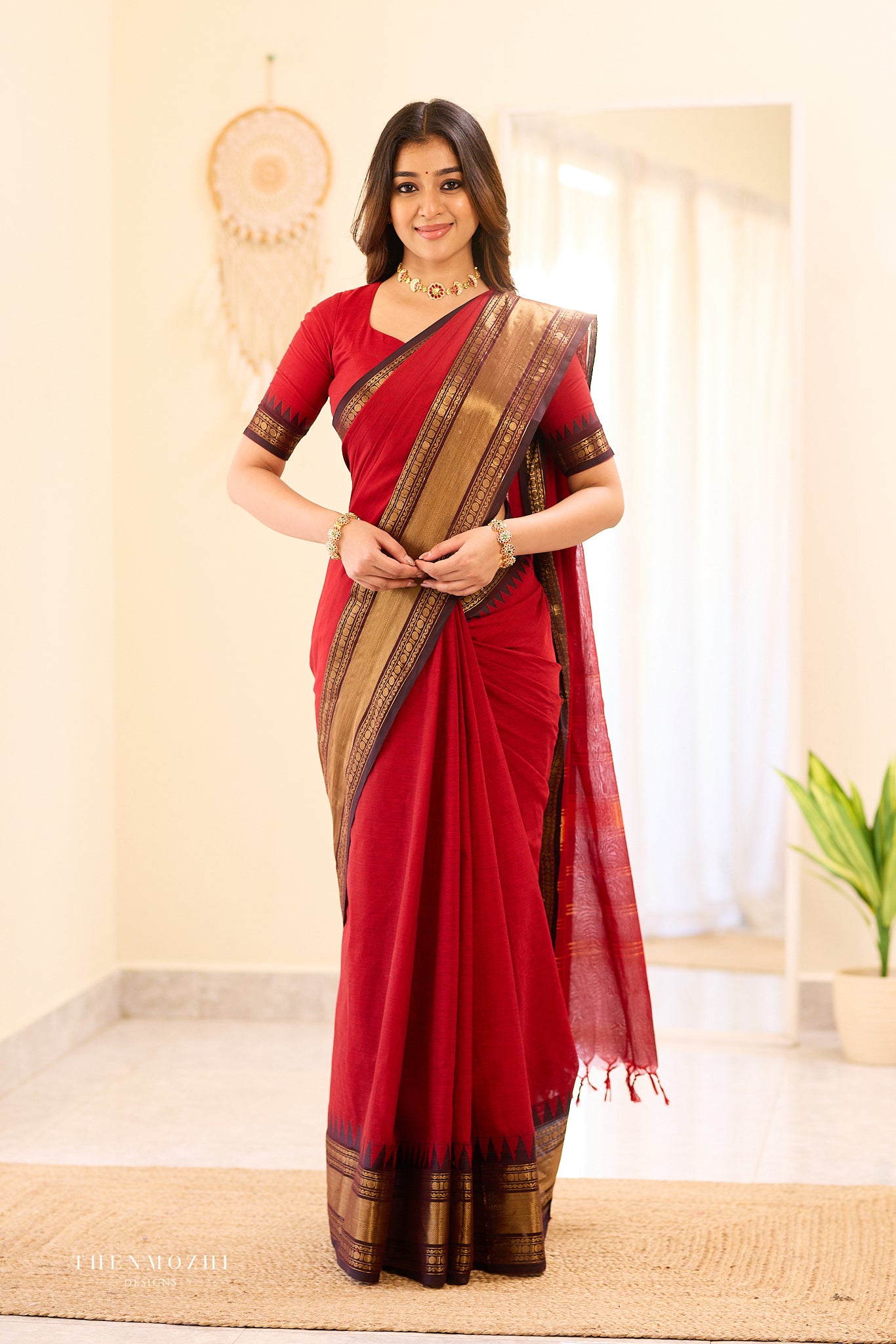 Red with Black Border Chettinad Cotton Saree