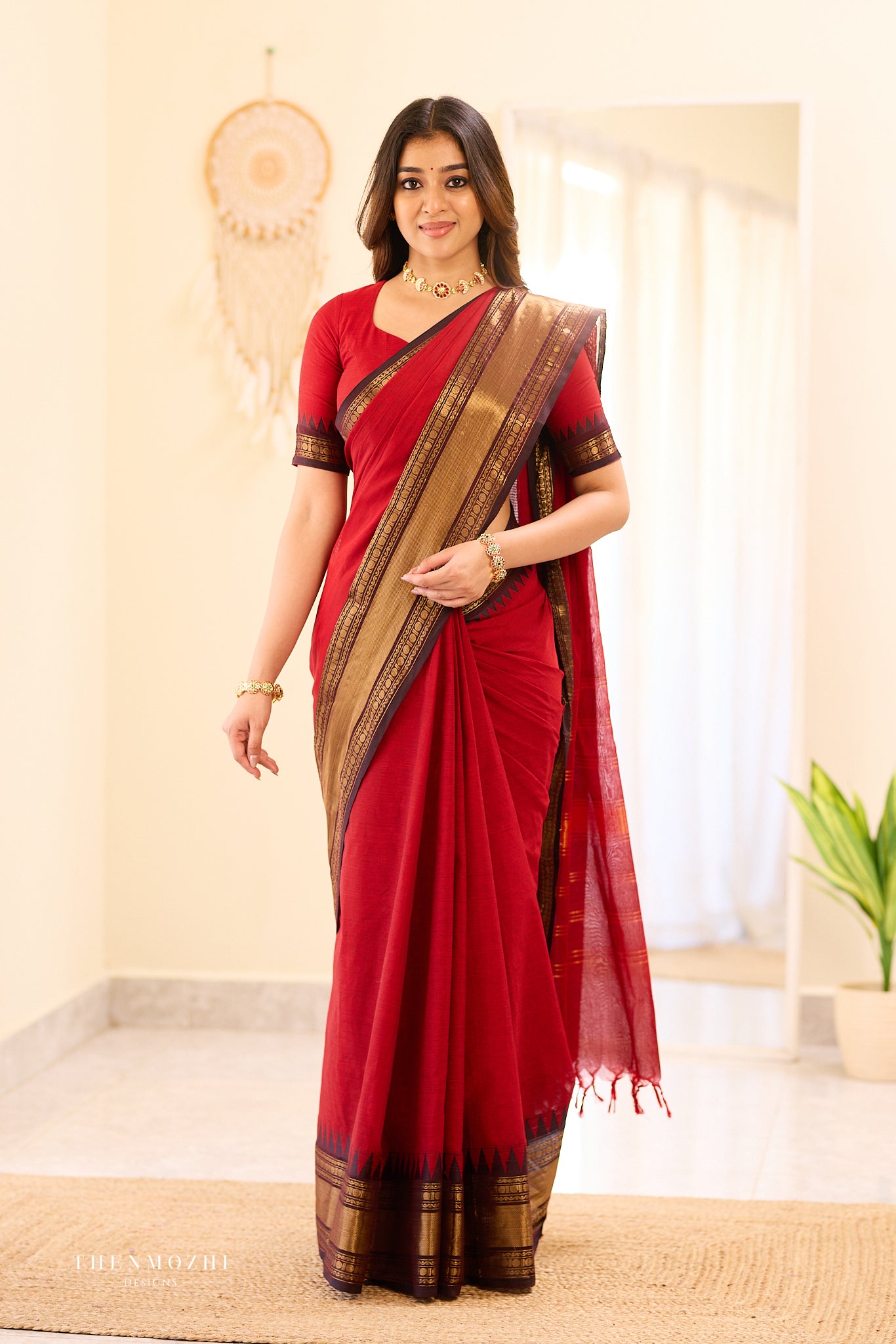 Red with Black Border Chettinad Cotton Saree