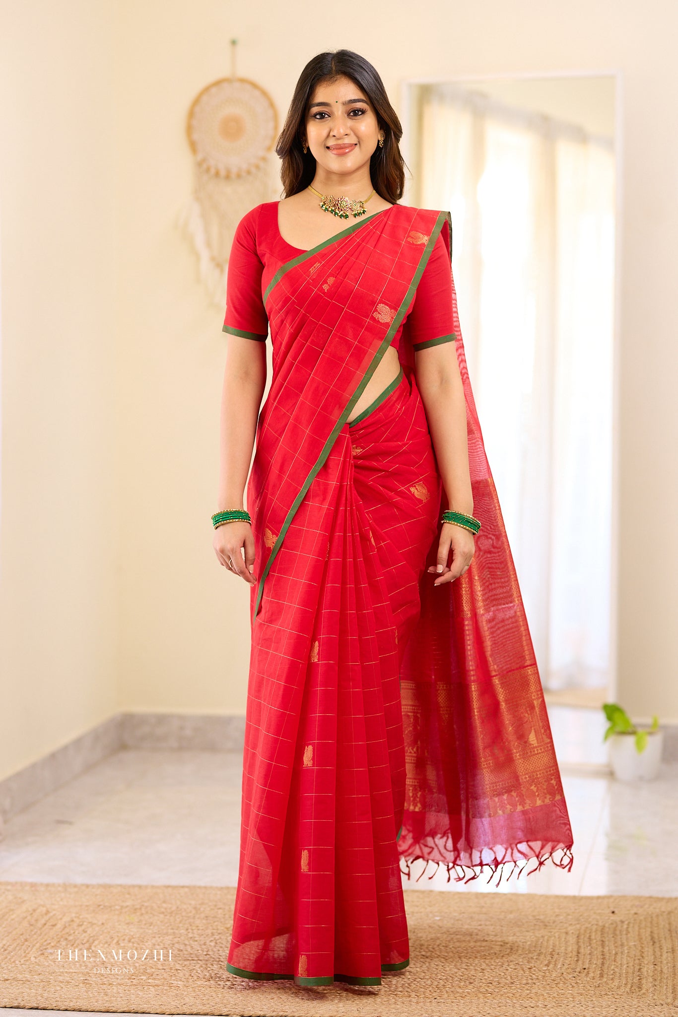 Red Zari Checked Chettinad Saree