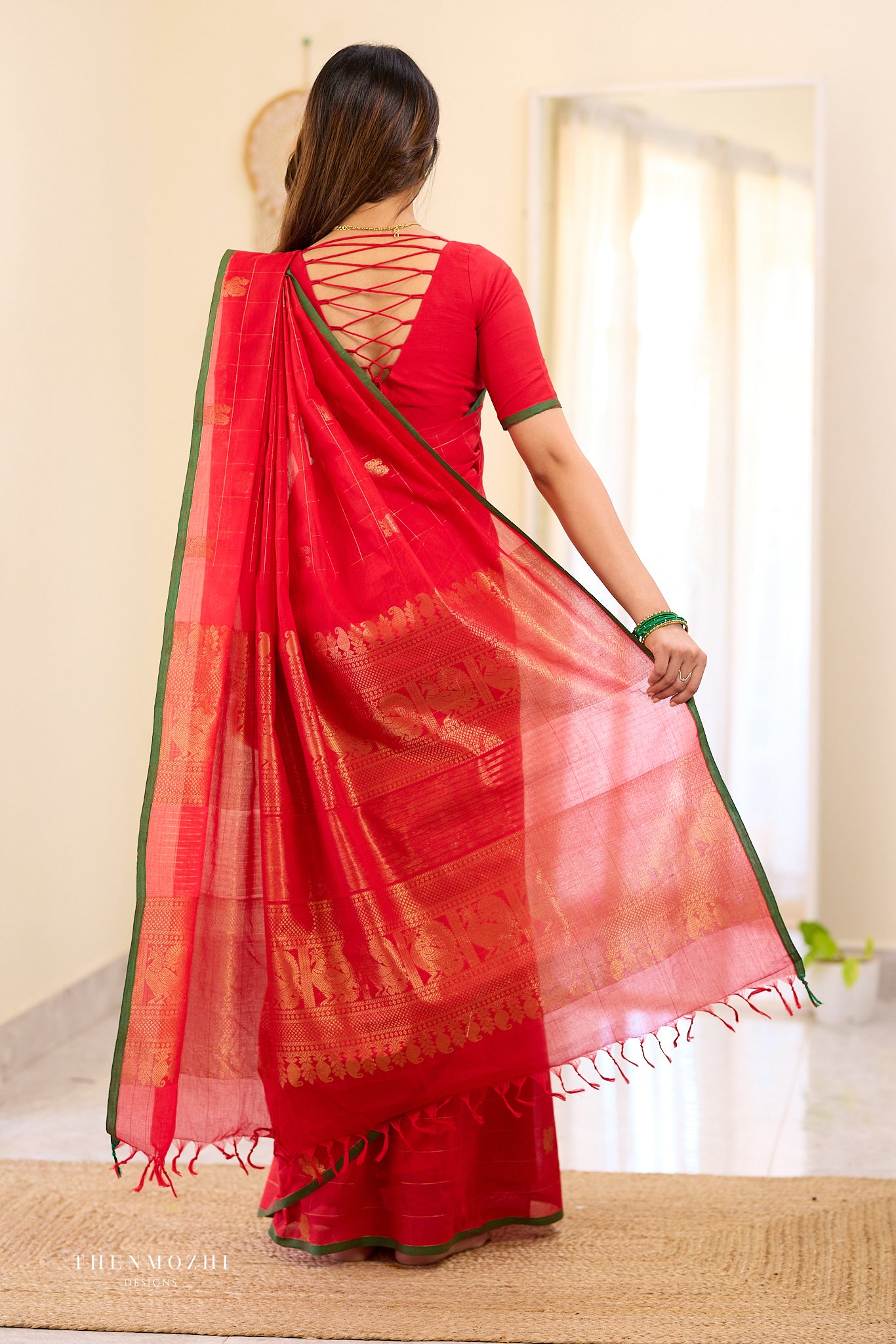 Red Zari Checked Chettinad Saree