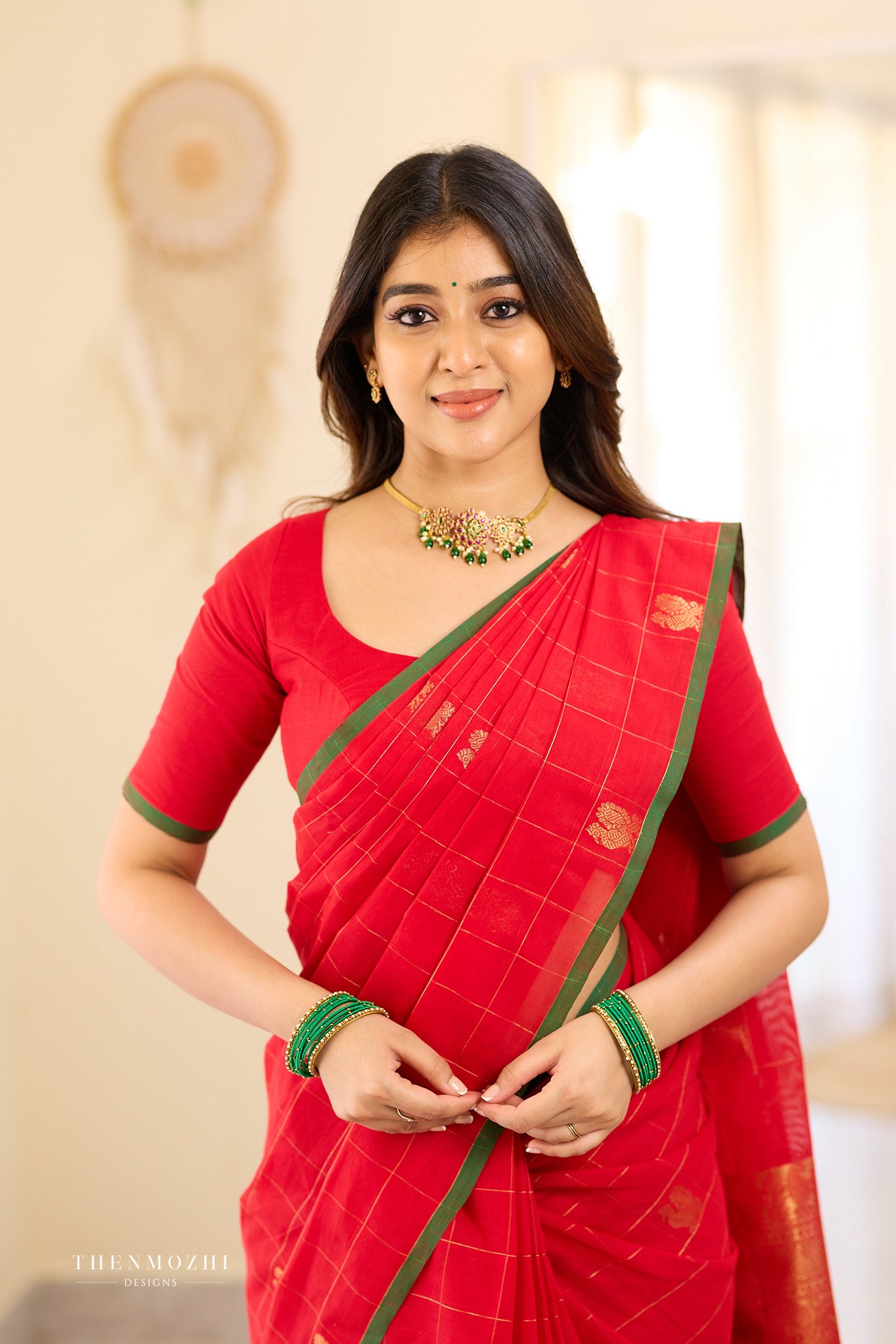 Red Zari Checked Chettinad Saree