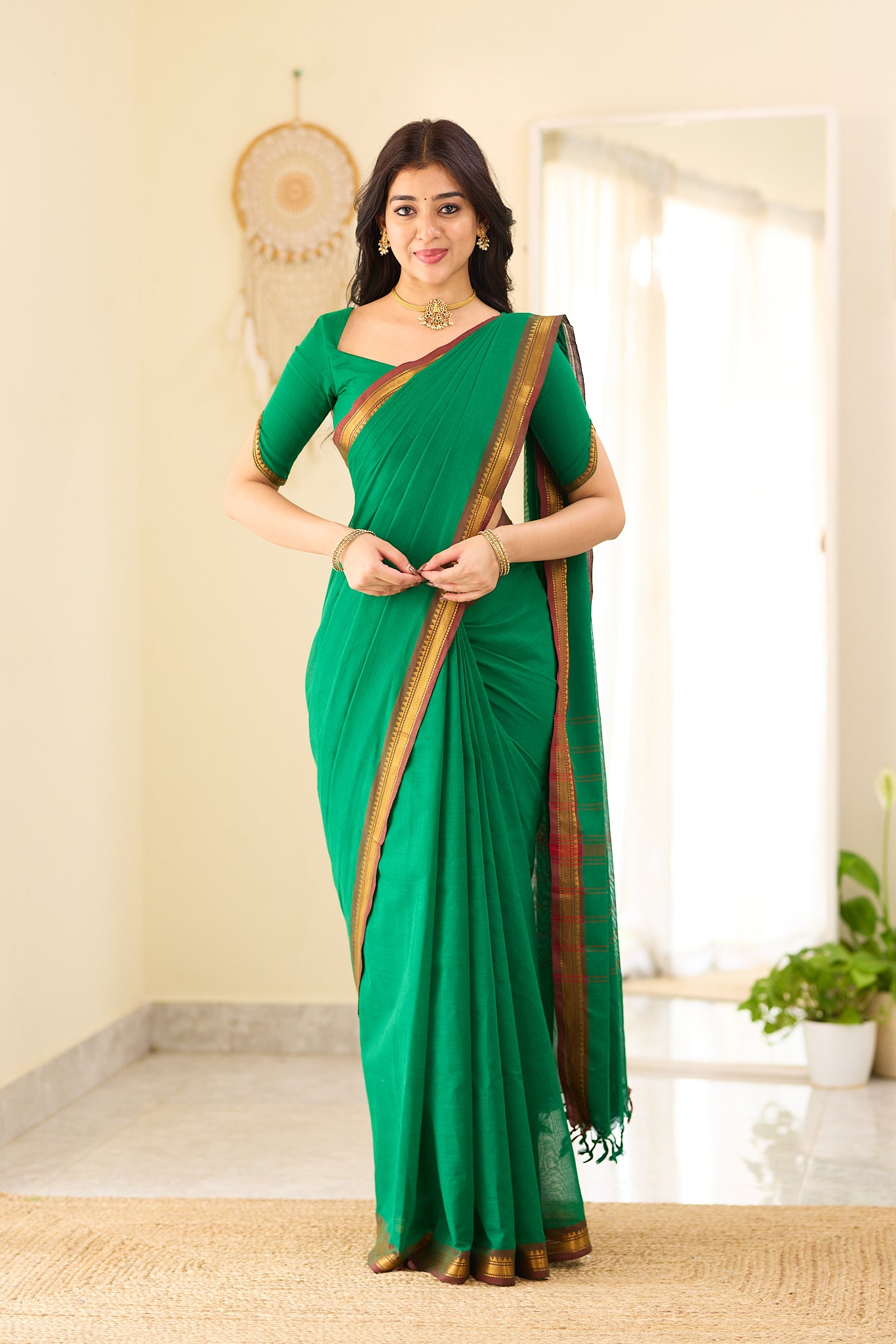 Rich Emerald Green with Antique Gold Border Chettinad Cotton Saree