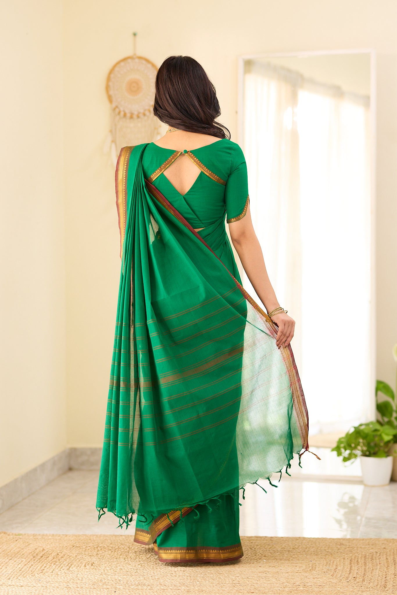 Rich Emerald Green with Antique Gold Border Chettinad Cotton Saree