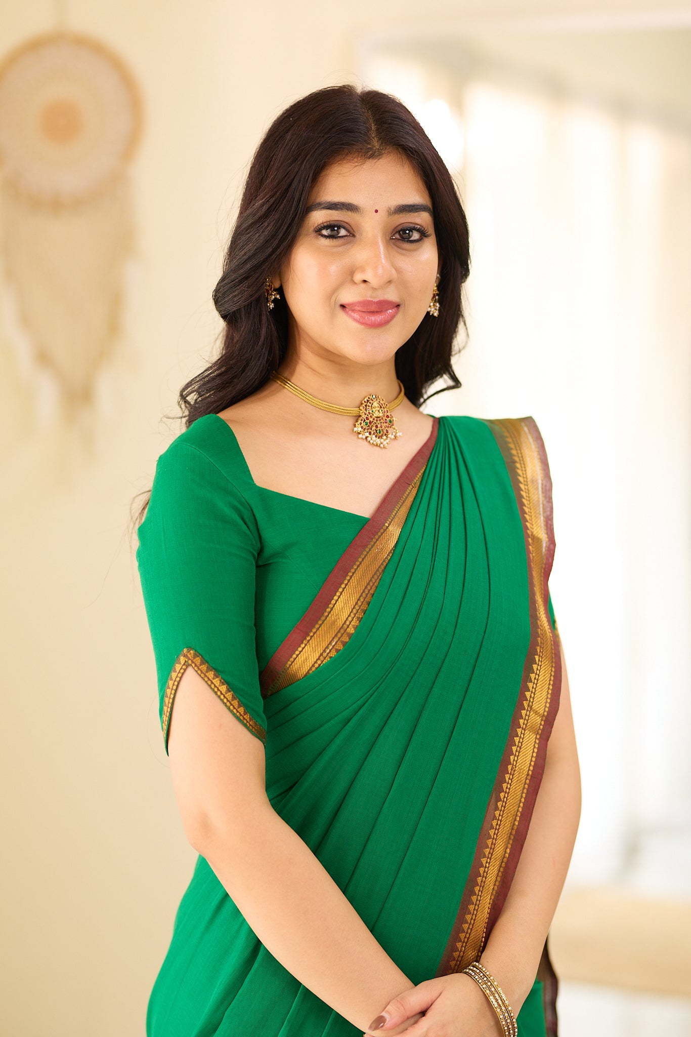 Rich Emerald Green with Antique Gold Border Chettinad Cotton Saree