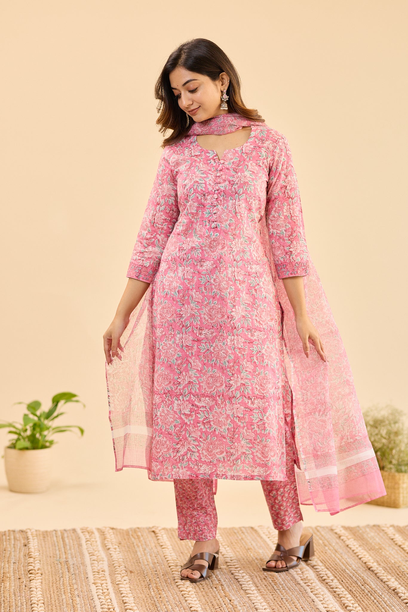 Rose Meadow with White Floral Print Cotton Salwar Suit with Kota Dupatta