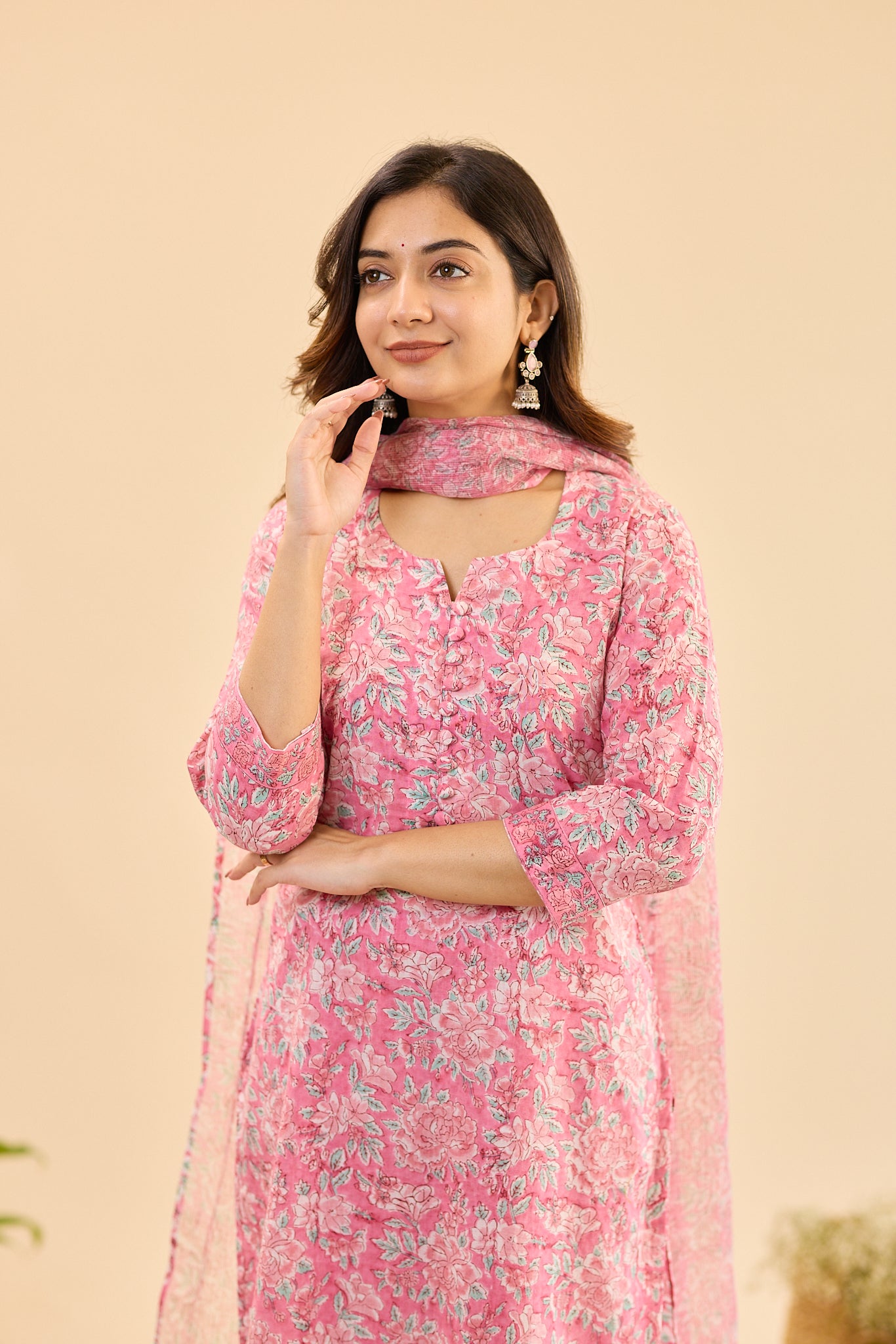 Rose Meadow with White Floral Print Cotton Salwar Suit with Kota Dupatta