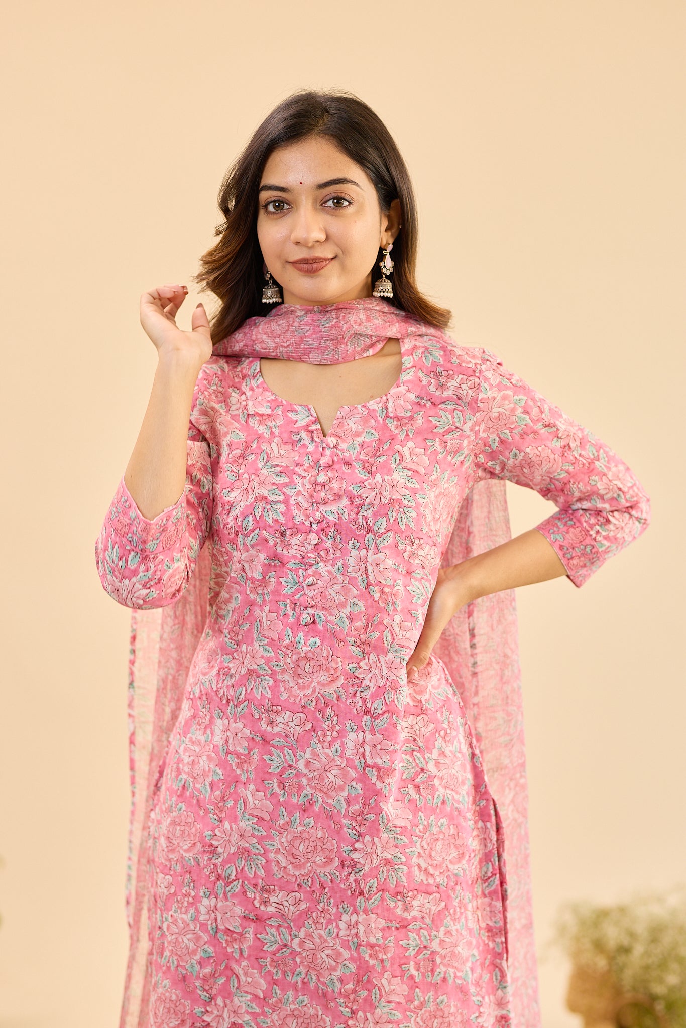 Rose Meadow with White Floral Print Cotton Salwar Suit with Kota Dupatta