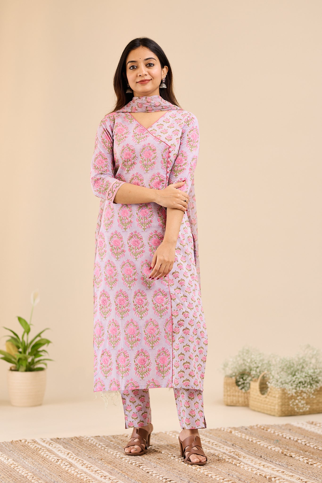 Rose Mist Floral Printed Cotton Suit - Set with Kota Dupatta