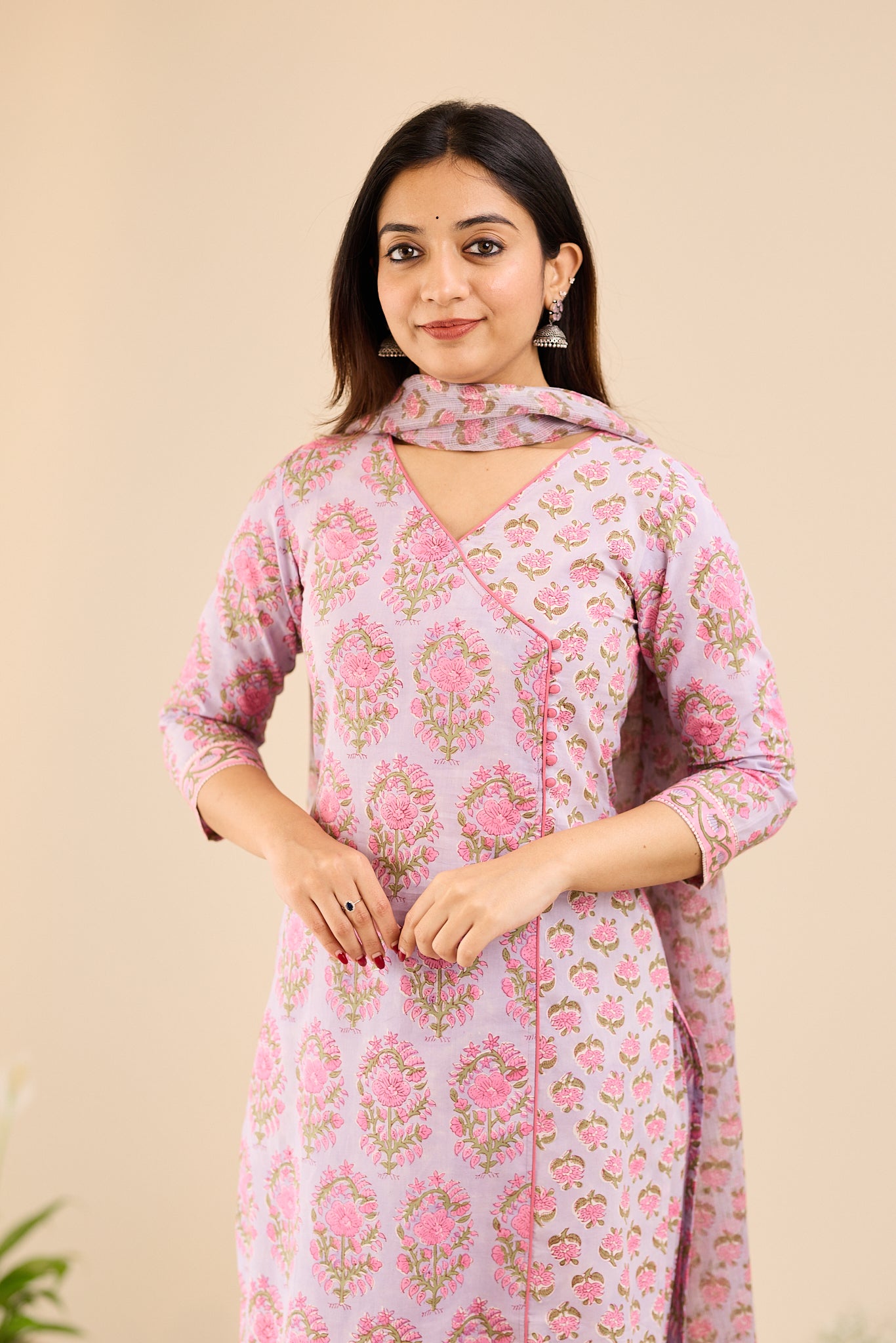 Rose Mist Floral Printed Cotton Suit - Set with Kota Dupatta