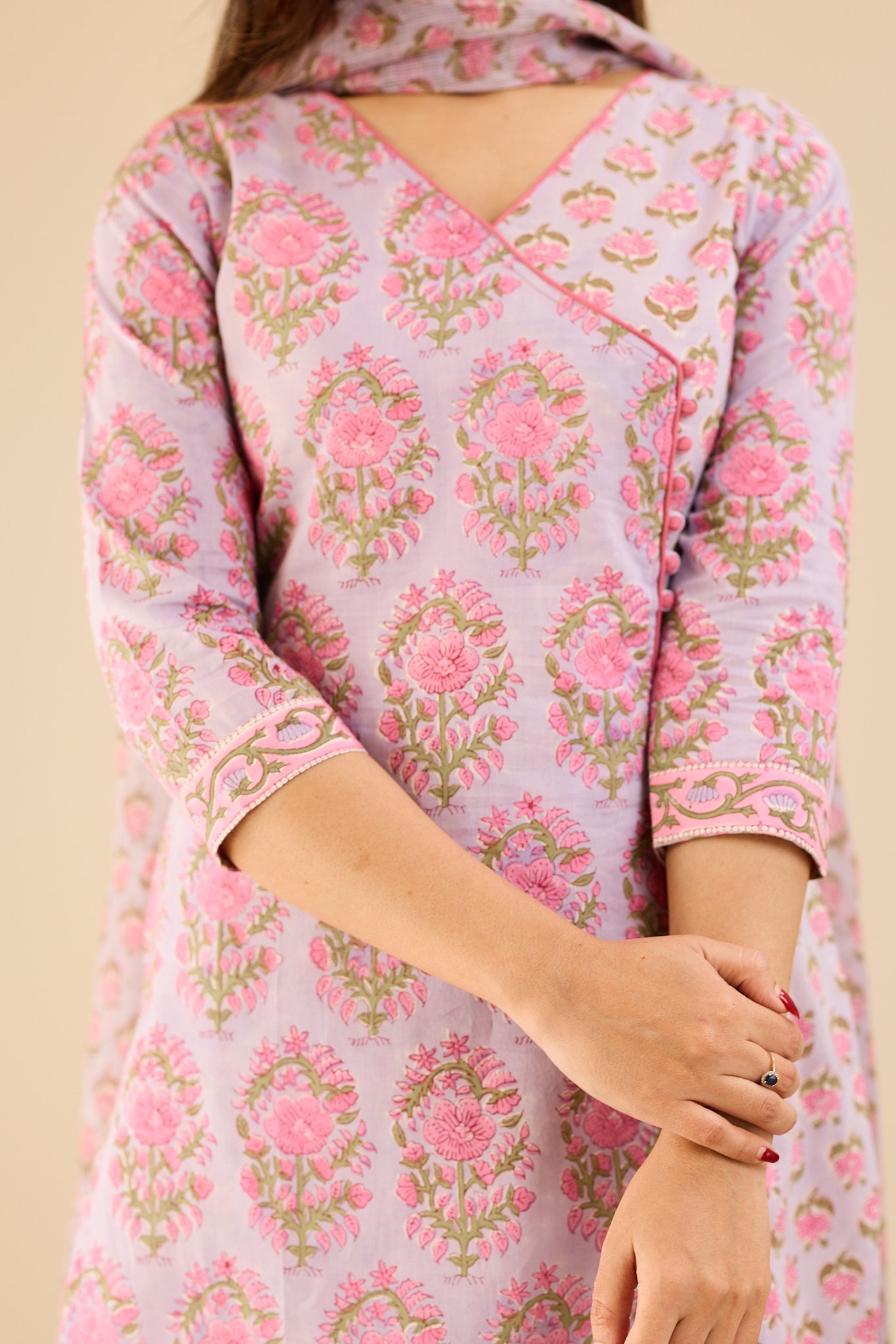 Rose Mist Floral Printed Cotton Suit - Set with Kota Dupatta