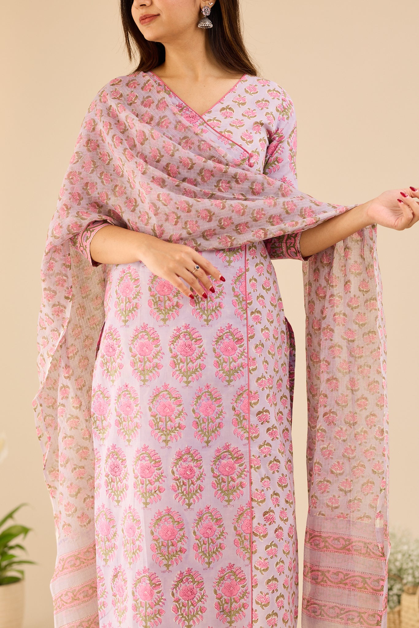 Rose Mist Floral Printed Cotton Suit - Set with Kota Dupatta