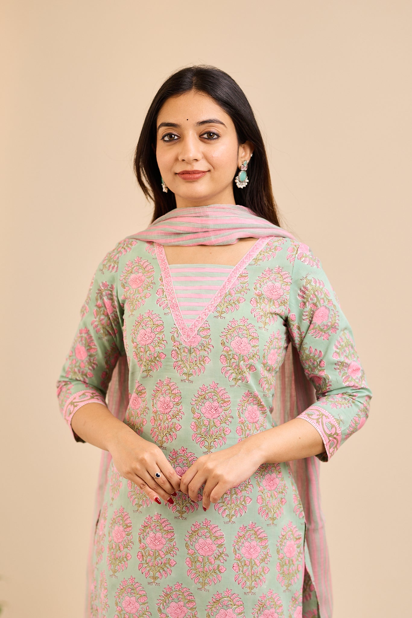 Rosette Mint Floral Printed Cotton Suit-Set with Kota Dupatta