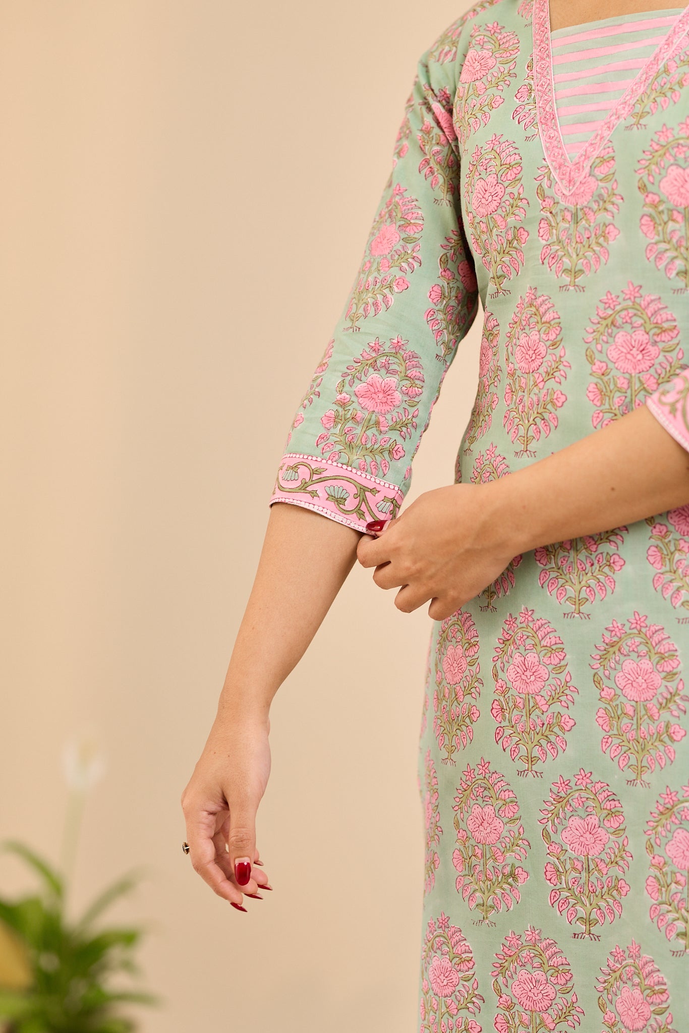 Rosette Mint Floral Printed Cotton Suit-Set with Kota Dupatta