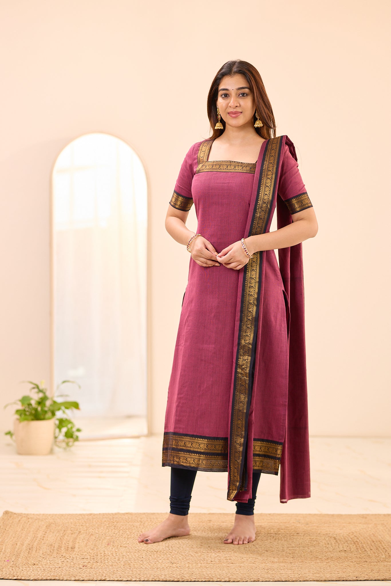 Rosewood Mauve with Black Zari Border Chettinad Cotton Top and Dupatta