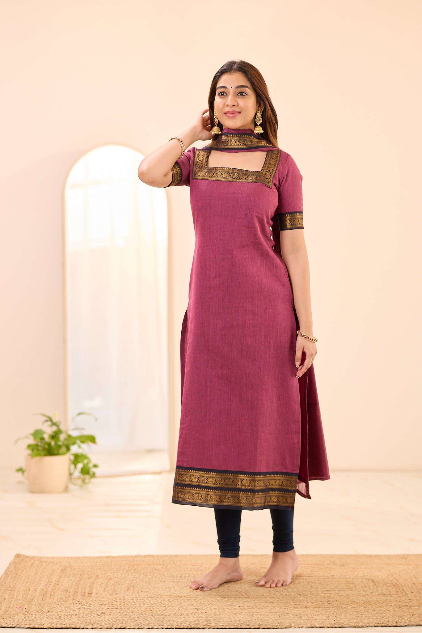 Rosewood Mauve with Black Zari Border Chettinad Cotton Top and Dupatta