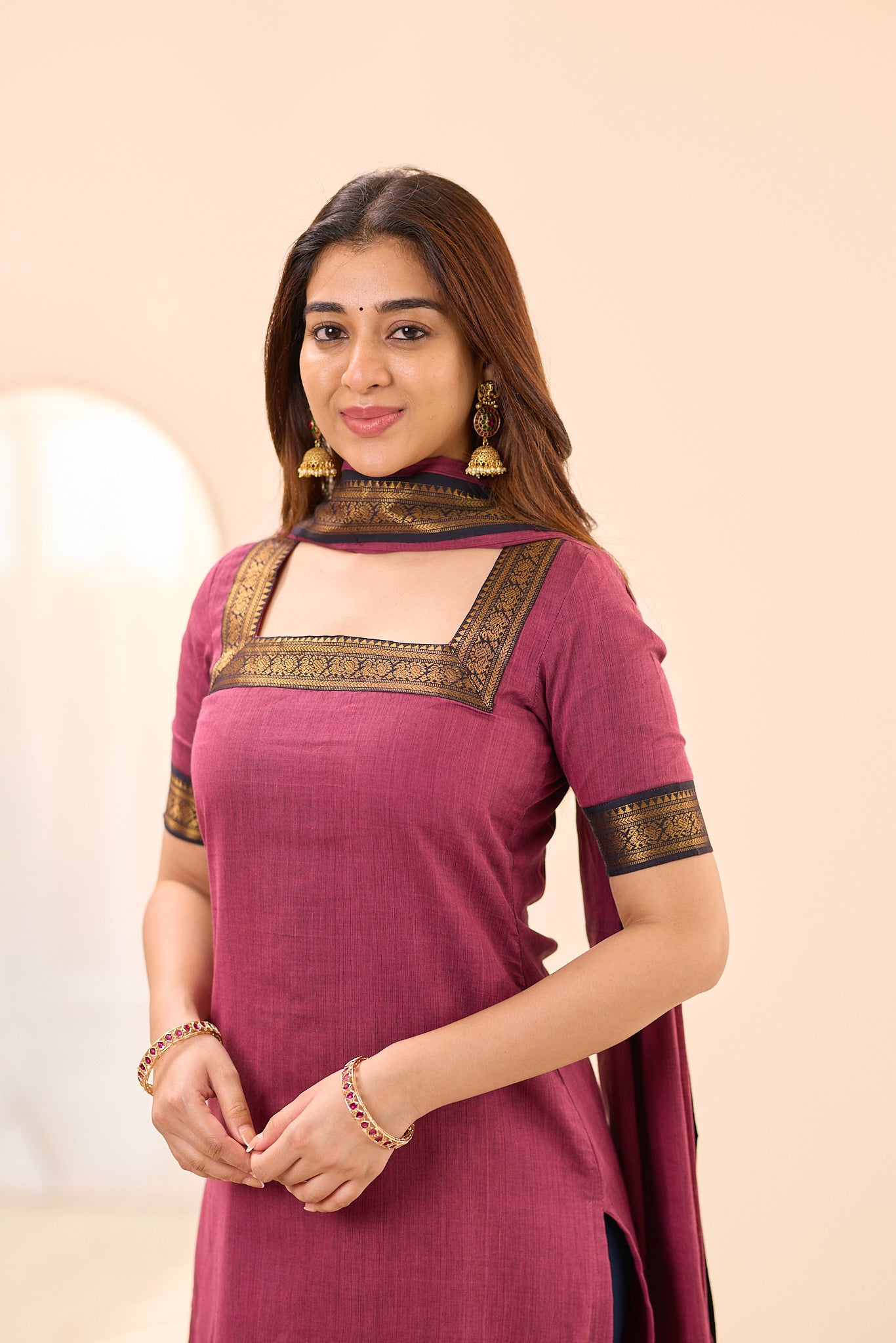 Rosewood Mauve with Black Zari Border Chettinad Cotton Top and Dupatta
