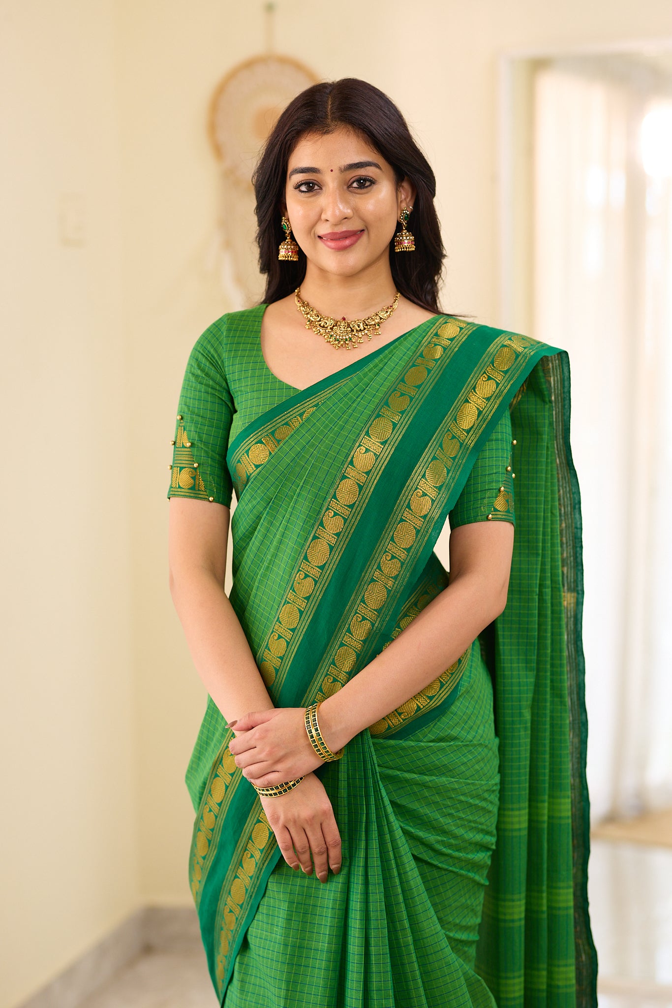 Royal Bottle Green Checked Chettinad Cotton Saree