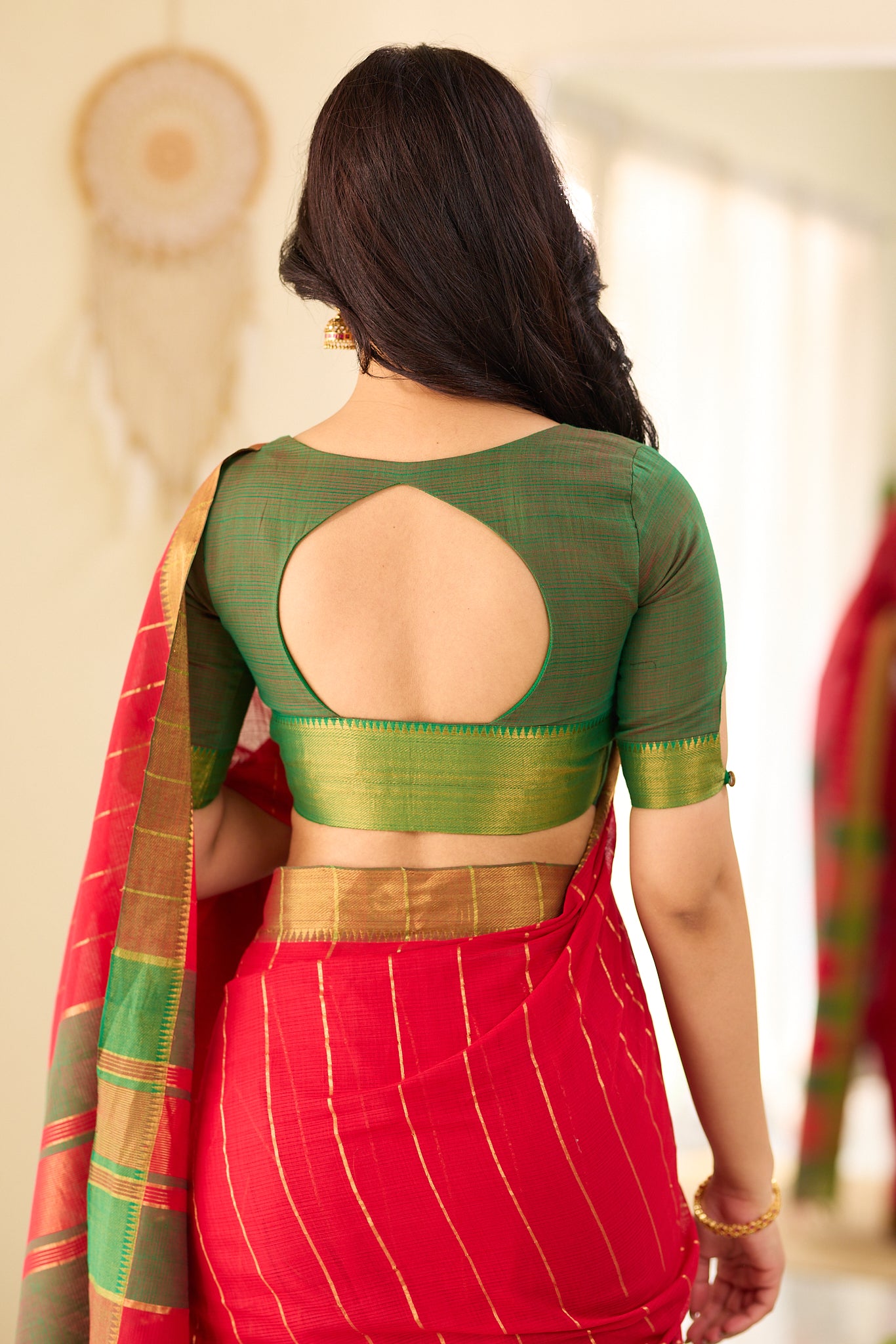 Royal Red with Antique Gold Stripes Mangalagiri Cotton Saree