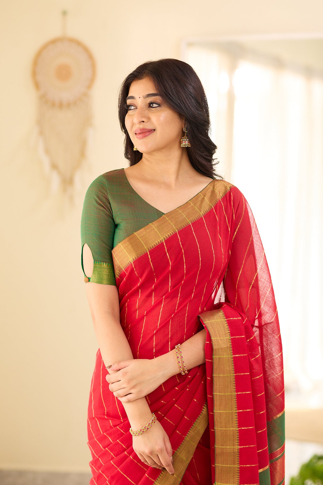 Royal Red with Antique Gold Stripes Mangalagiri Cotton Saree