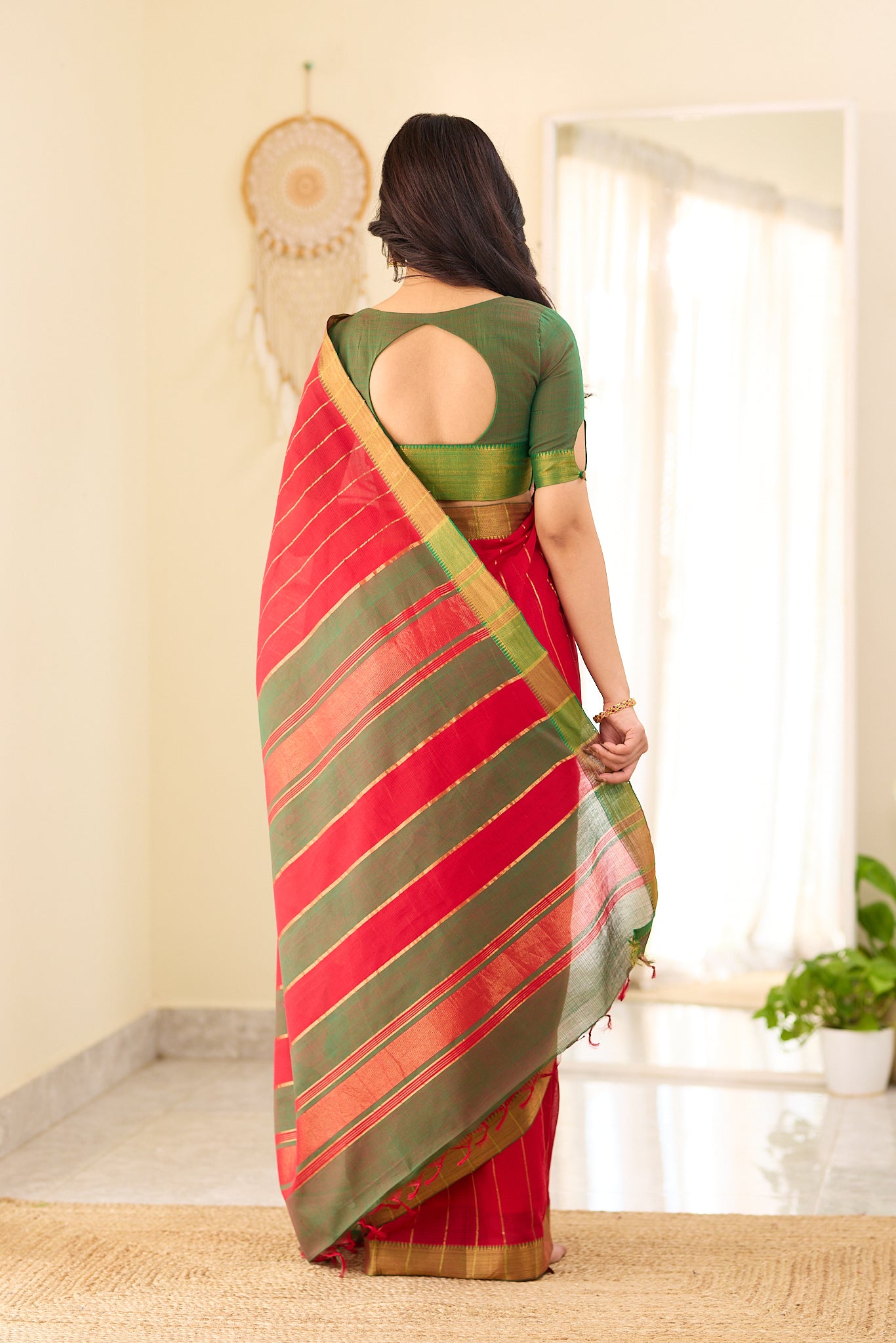 Royal Red with Antique Gold Stripes Mangalagiri Cotton Saree