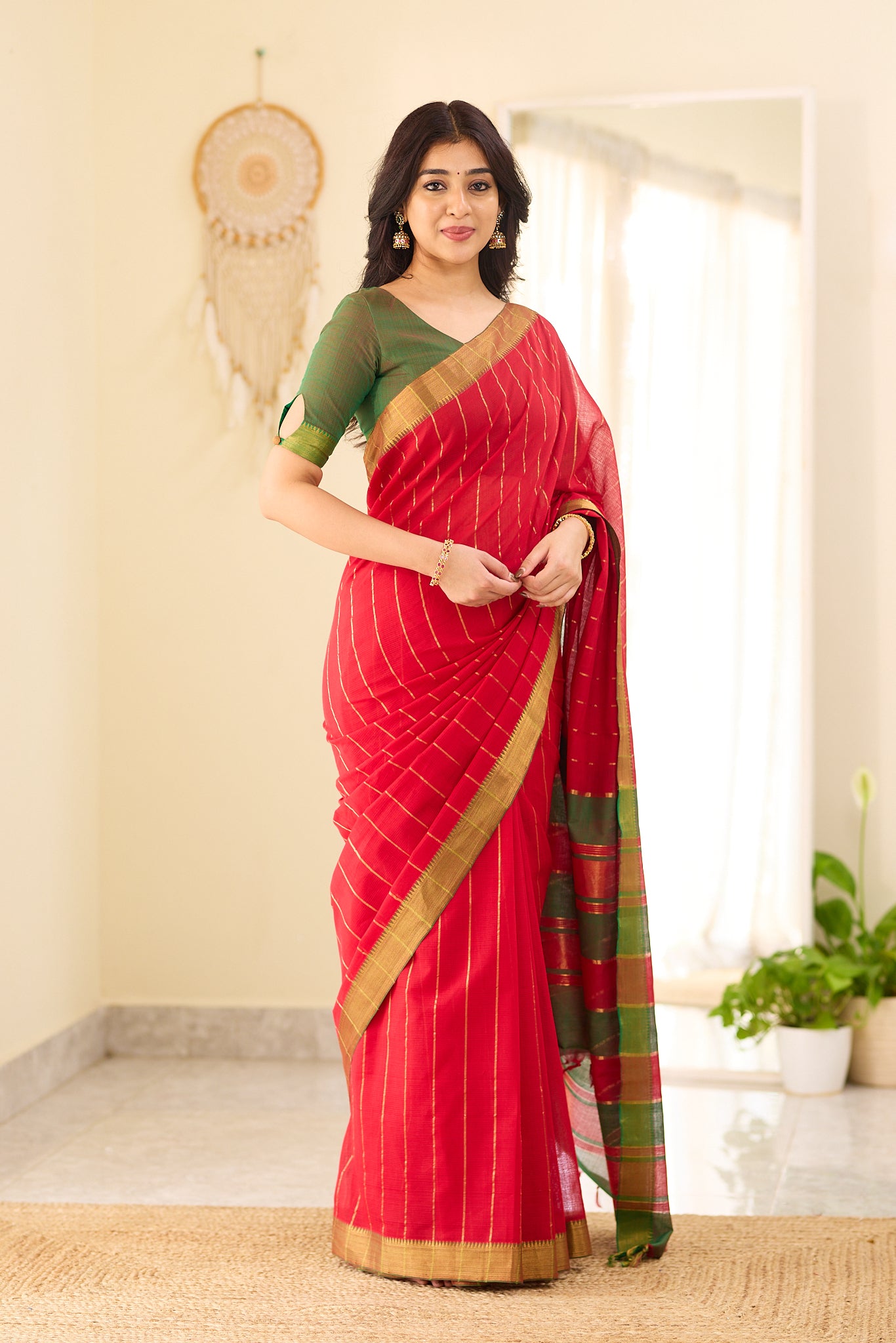 Royal Red with Antique Gold Stripes Mangalagiri Cotton Saree