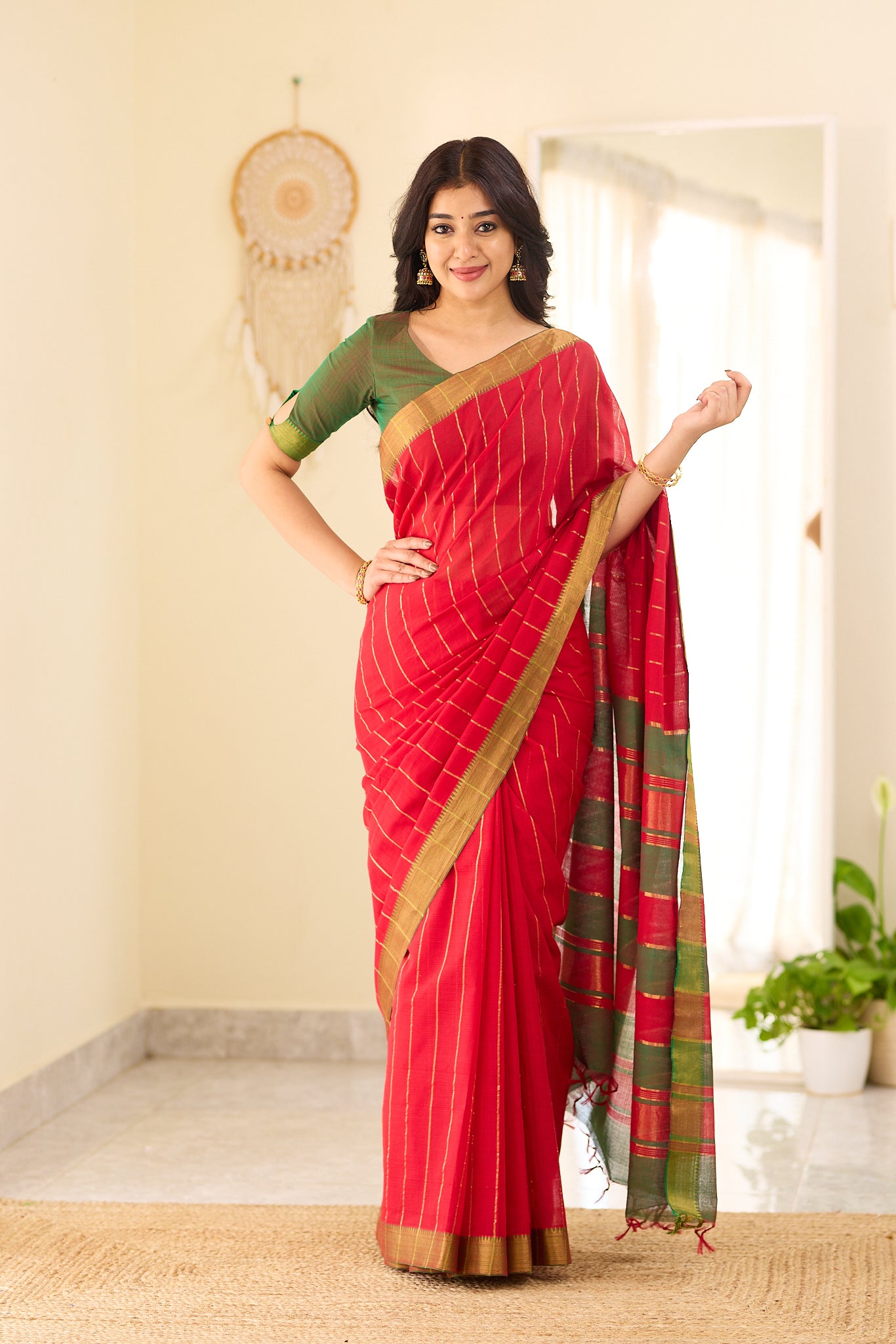 Royal Red with Antique Gold Stripes Mangalagiri Cotton Saree