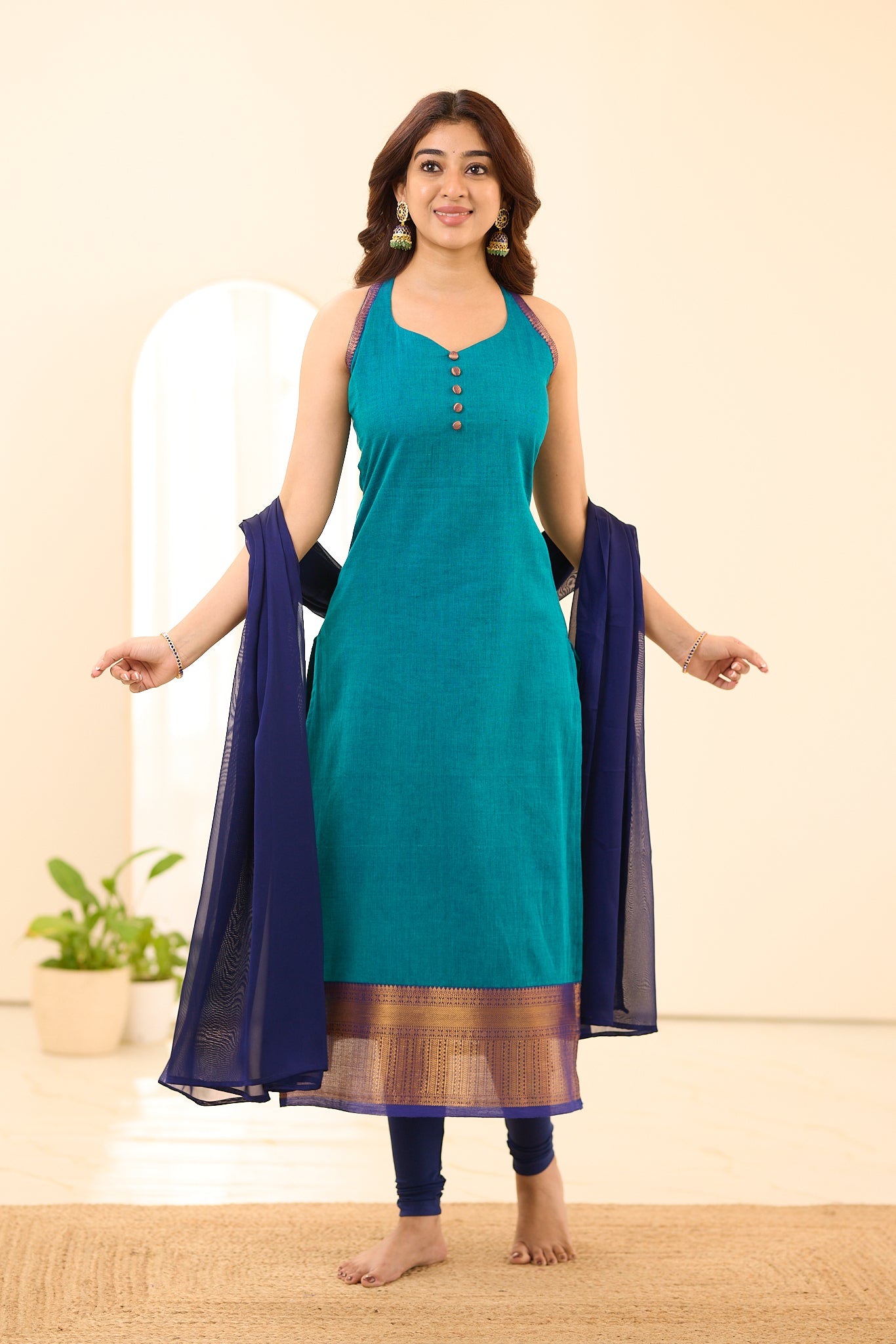 Royal Teal Blue with Navy Blue Border Chettinad Cotton Salwar