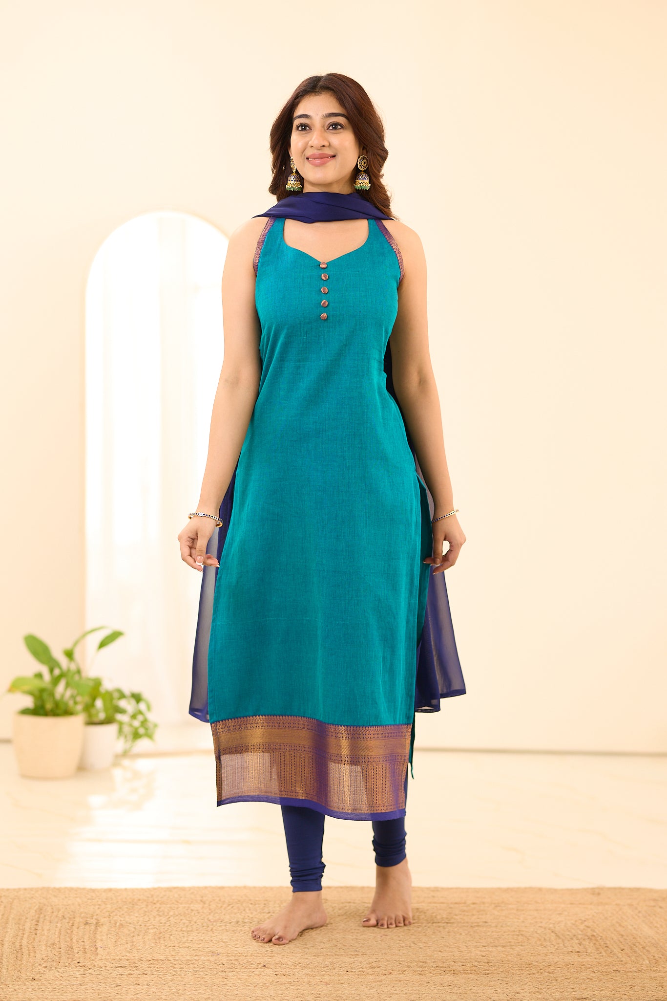 Royal Teal Blue with Navy Blue Border Chettinad Cotton Salwar
