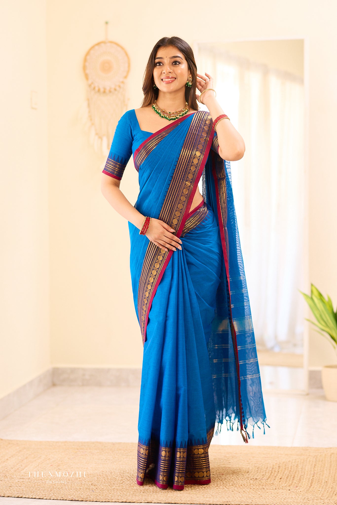 Royal Blue with Deep Pink Border Chettinad Cotton Saree