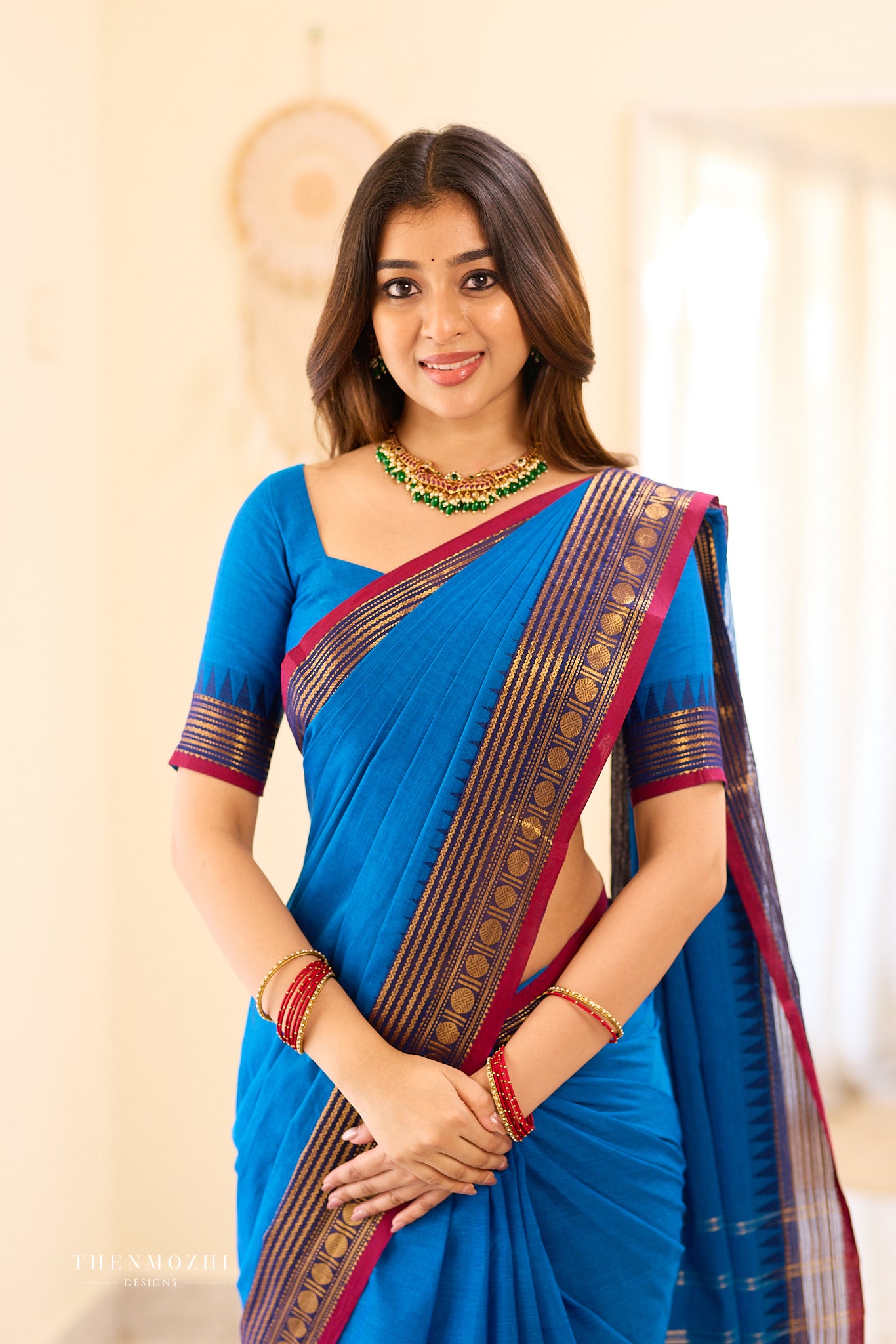 Royal Blue with Deep Pink Border Chettinad Cotton Saree